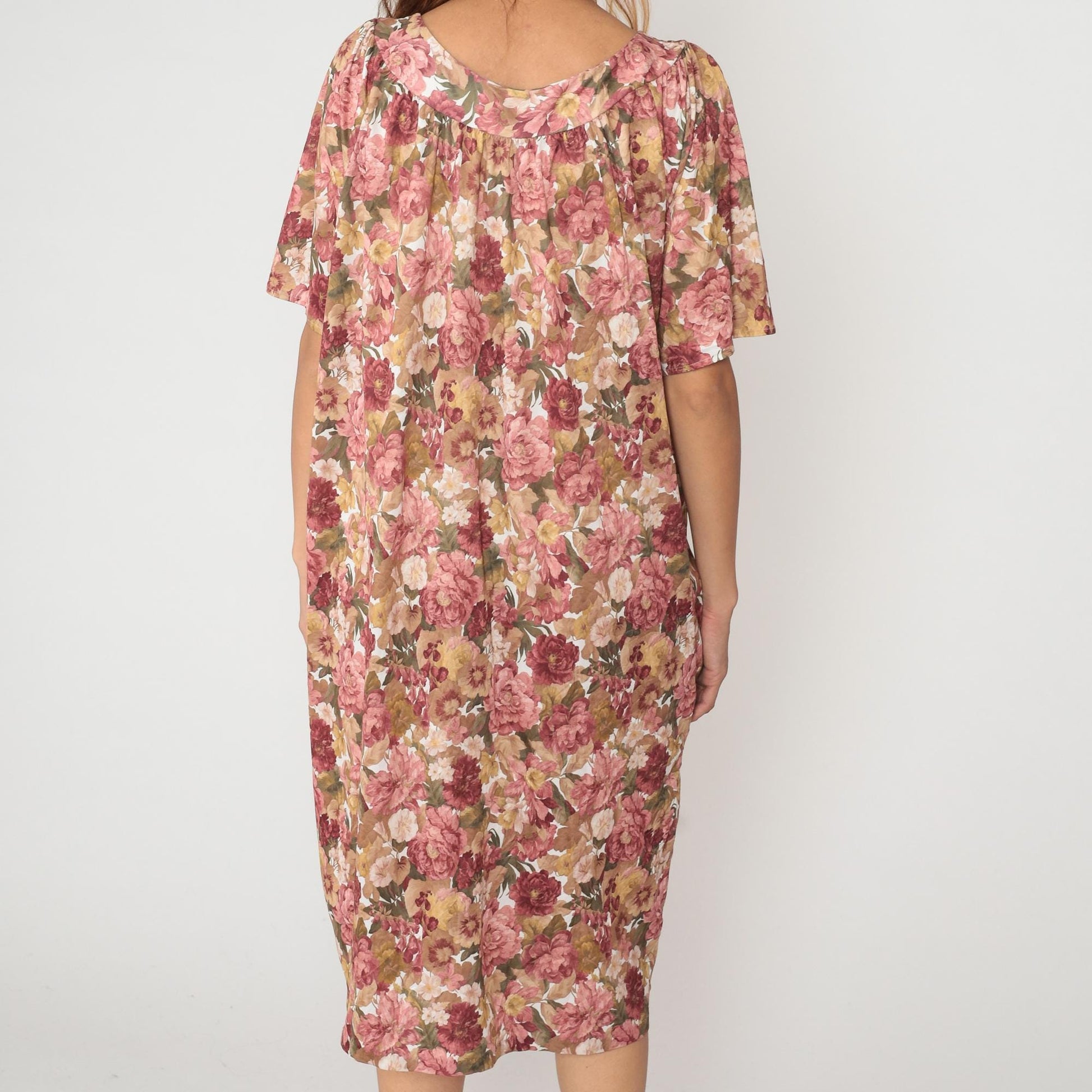 80s Floral Muumuu Dress Pink Burgundy Flutter Sleeve Scoop Neck Large