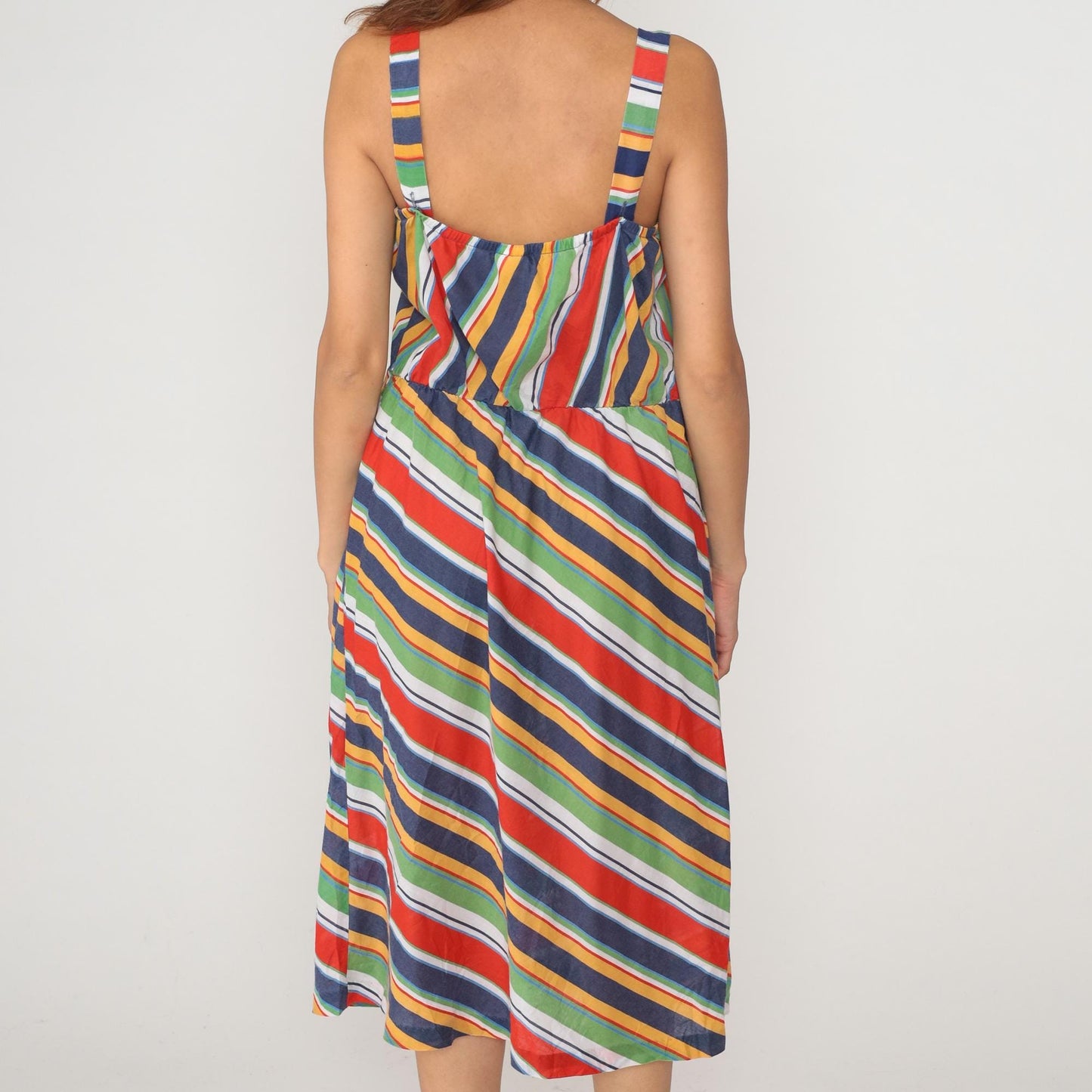 80s Rainbow Striped Midi Dress Diagonal Geometric Navy Red Green Yellow Sleeveless Large