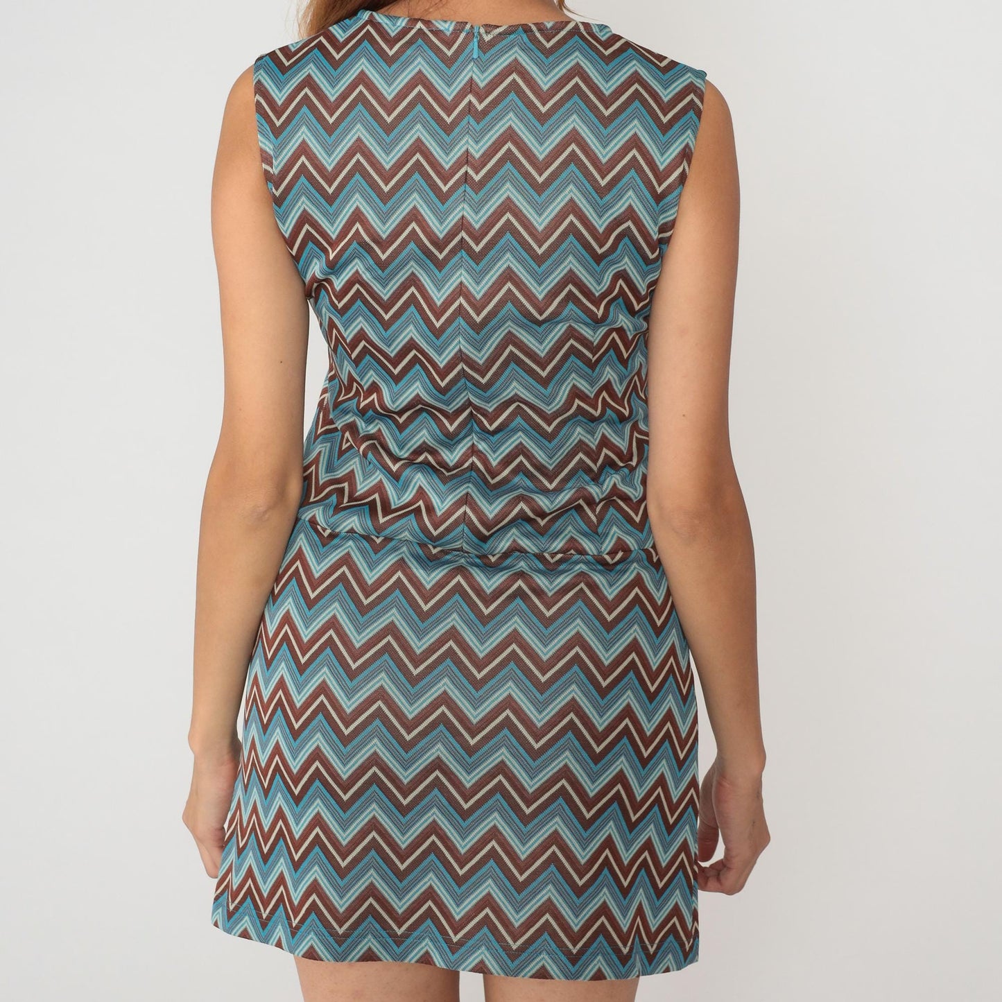 Y2K Chevron Mini Dress Turquoise Brown Cream Shift Sleeveless Small