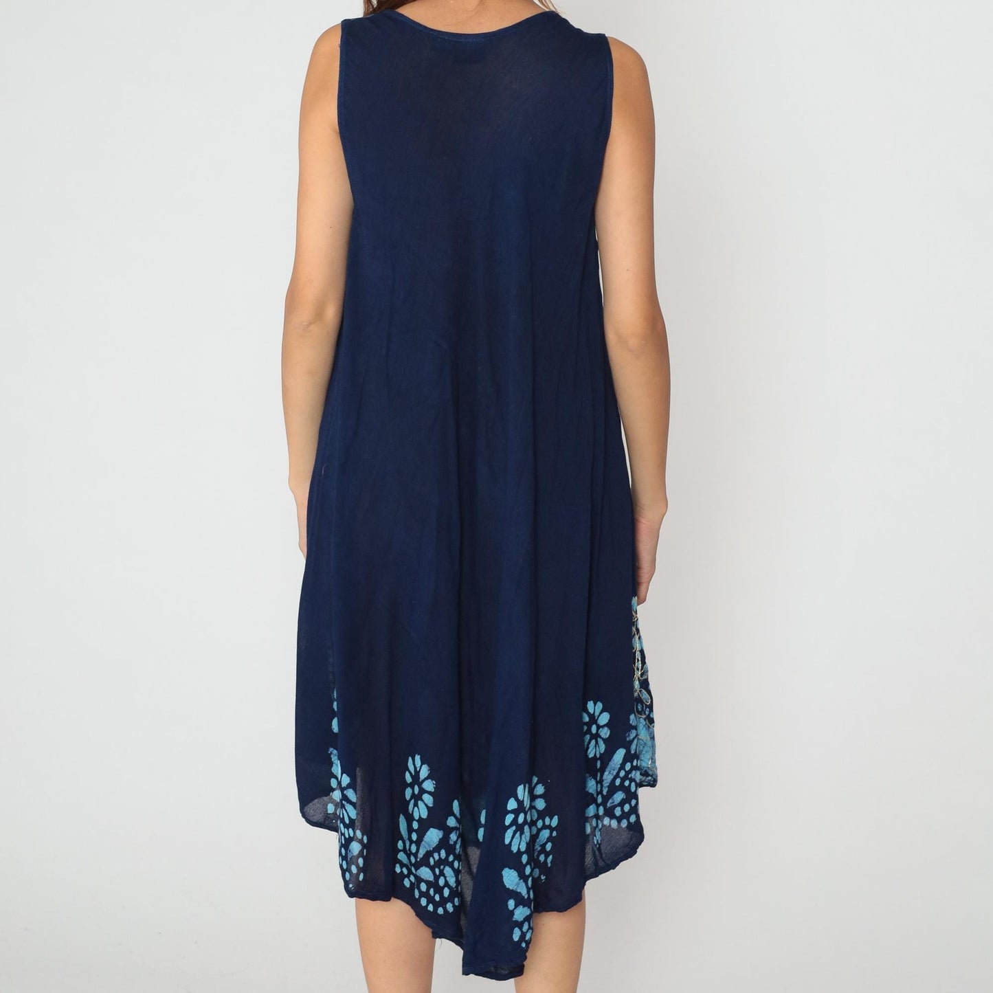 Y2K Navy Blue Floral Embroidered Tank Dress Asymmetrical Hem One Size