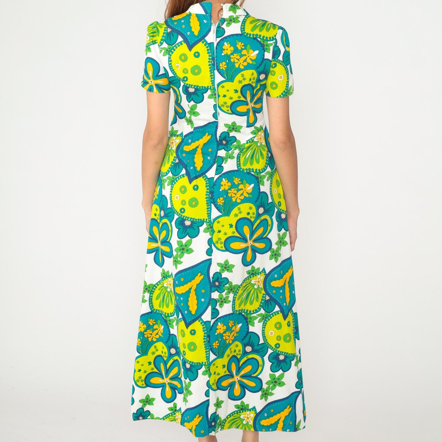70s Psychedelic Floral Maxi Dress Bark Cloth Collared Short Sleeve Medium