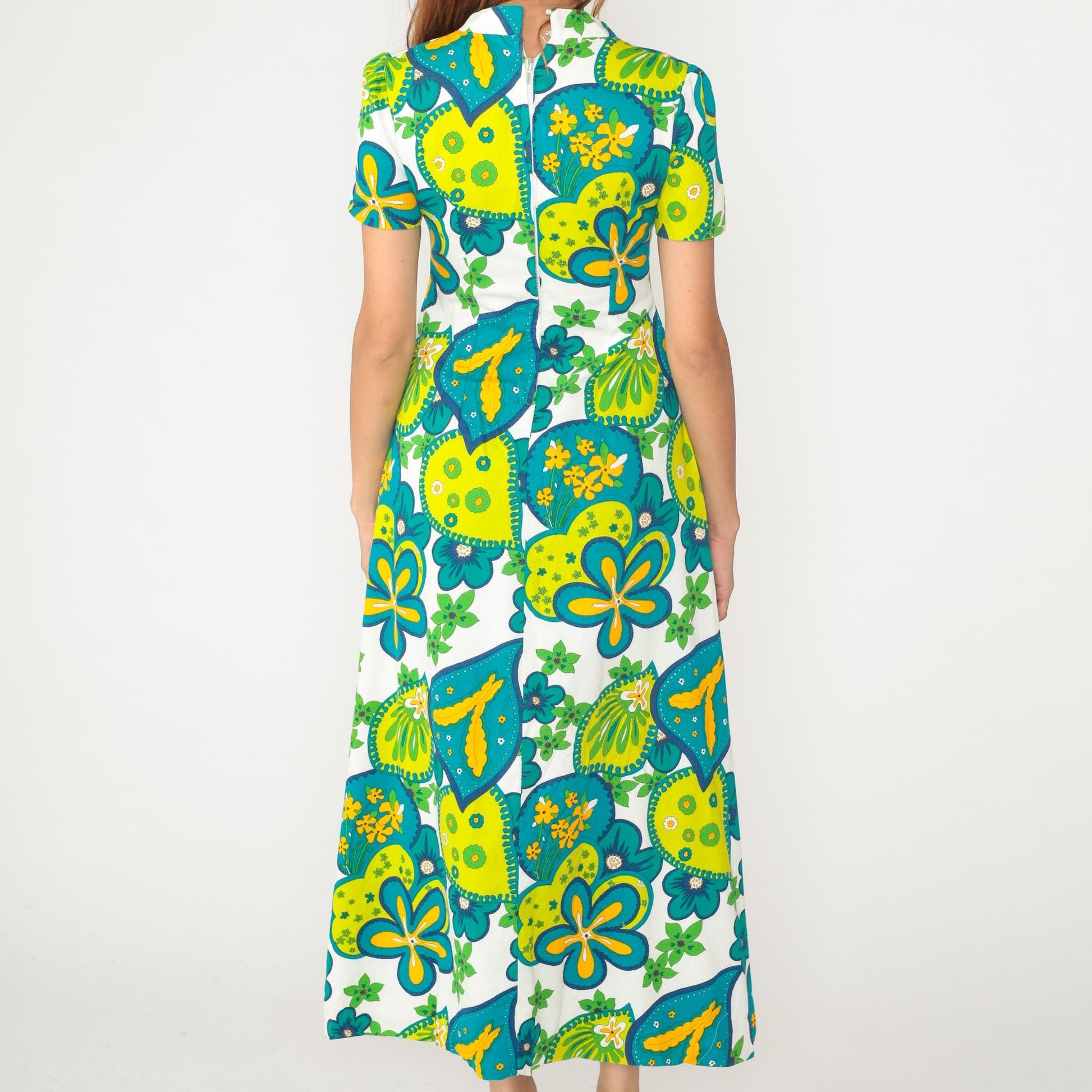 70s Psychedelic Floral Maxi Dress Bark Cloth Collared Short Sleeve Medium