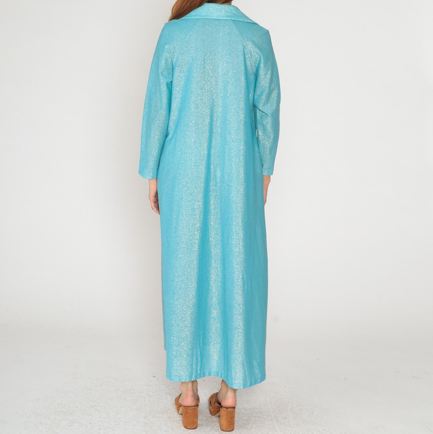 70s Aristique Turquoise Metallic Maxi Robe Zip Front Collared Loungewear Large L