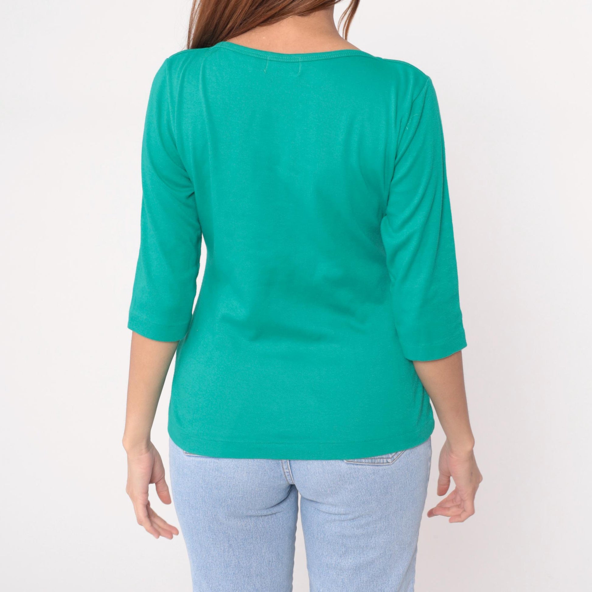 90s LL Bean Teal Boat Neck Cotton Top Three-Quarter Sleeve Medium M