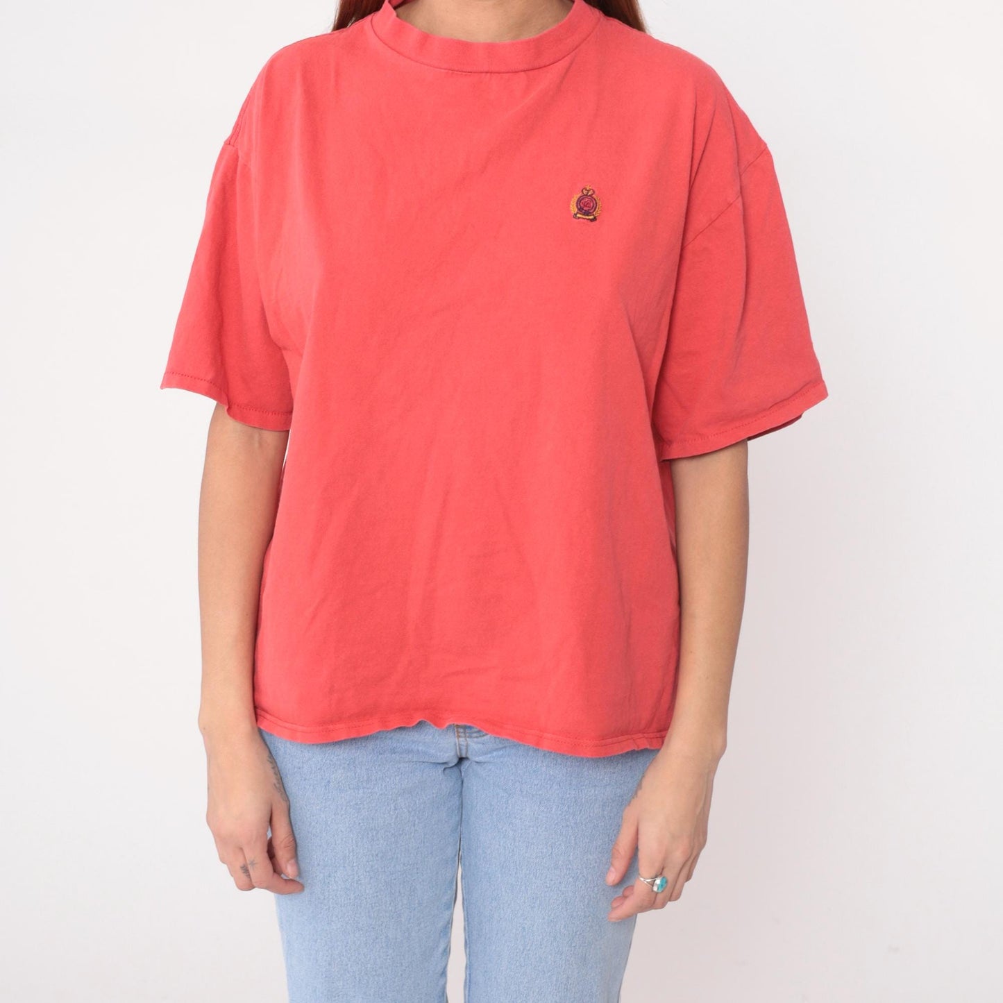 90s Bugle Boy Salmon Cotton T-Shirt Embroidered Crest Logo Large L