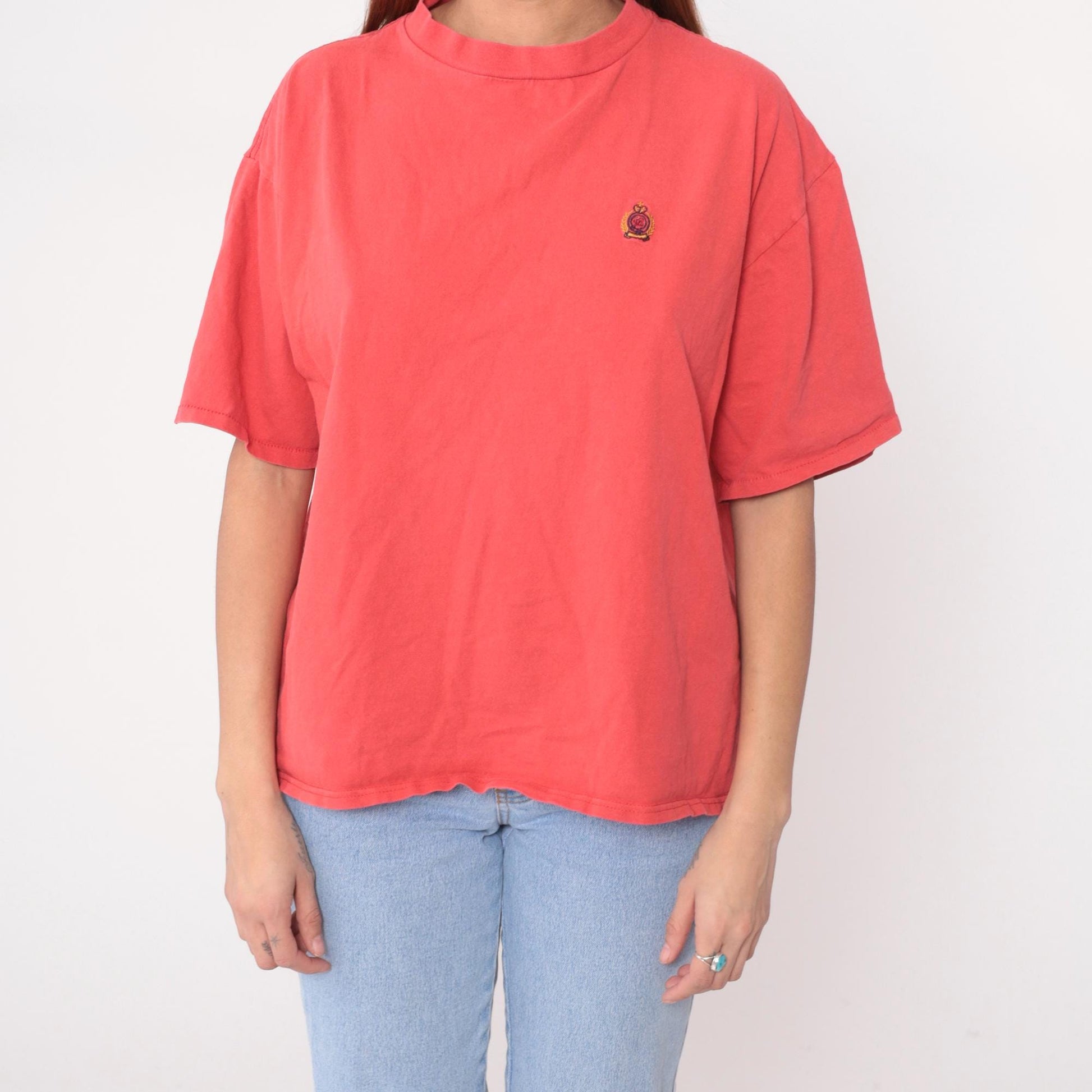 90s Bugle Boy Salmon Cotton T-Shirt Embroidered Crest Logo Large L