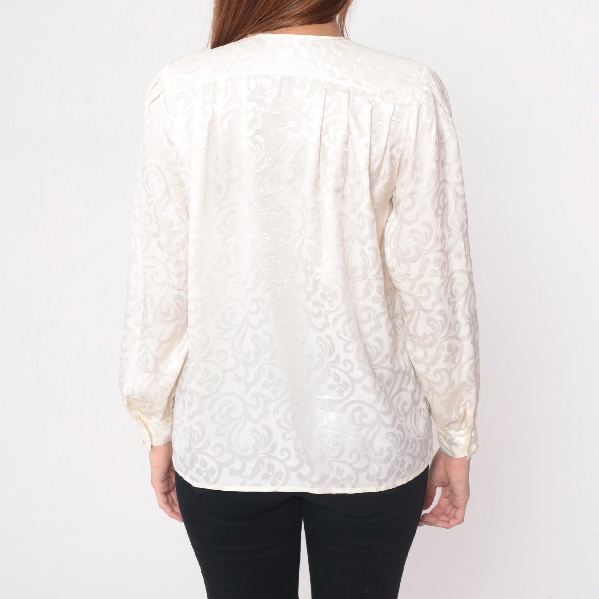 80s Claude Bennet Cream Jacquard Blouse Gathered Shoulders Small