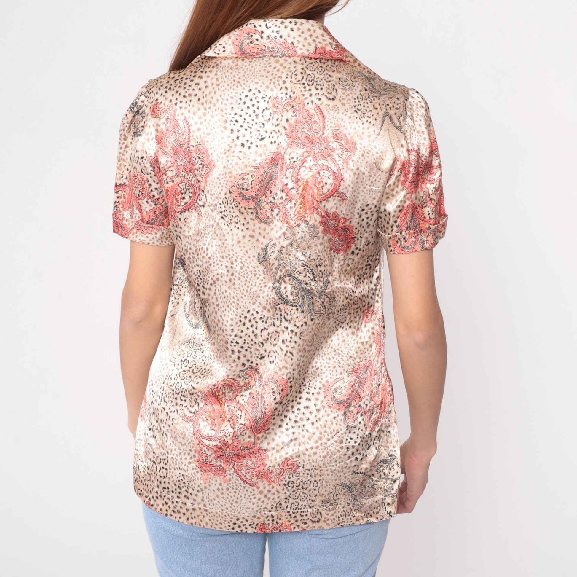 80s Leopard Paisley Satin Blouse Coral Pink Brown Animal Print Collared Medium M