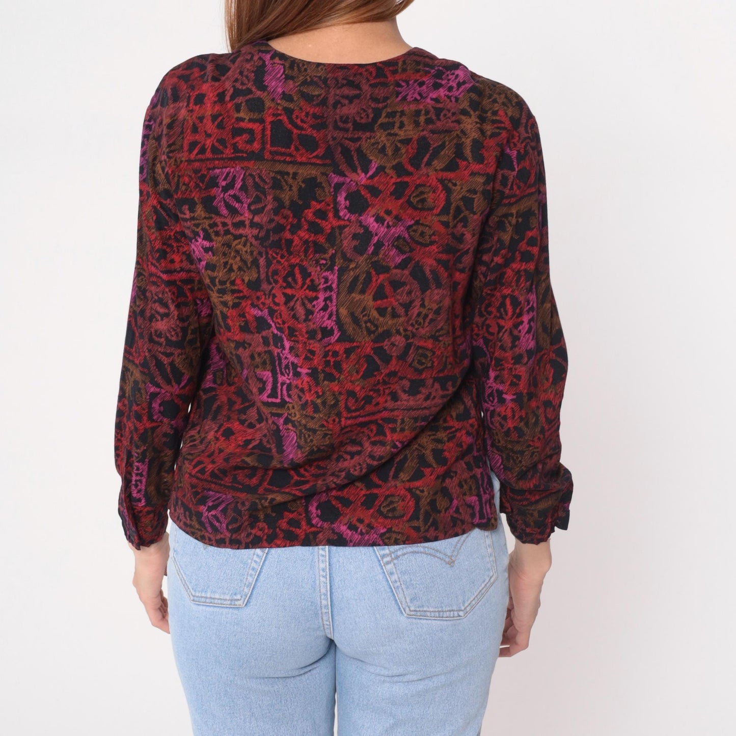 90s Melrose Sport Abstract Geometric Blouse V-Neck Burgundy Small S