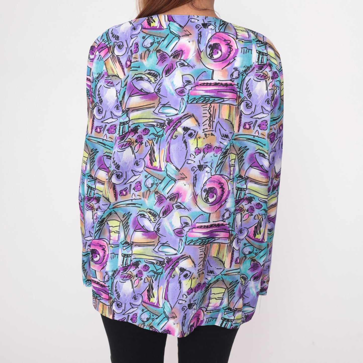 90s Joan Walters Purple Geometric Blazer Open Front Abstract Print Medium