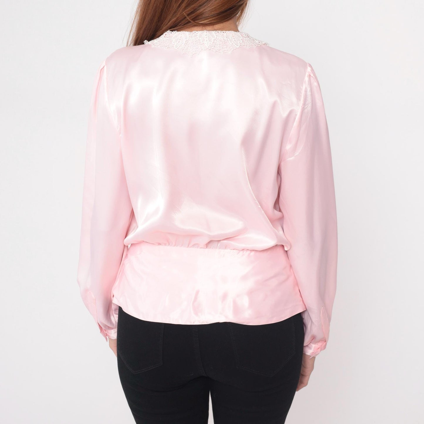 80s Pink Blouse White Lace Collar Pintuck Pleated Button-Up Large L