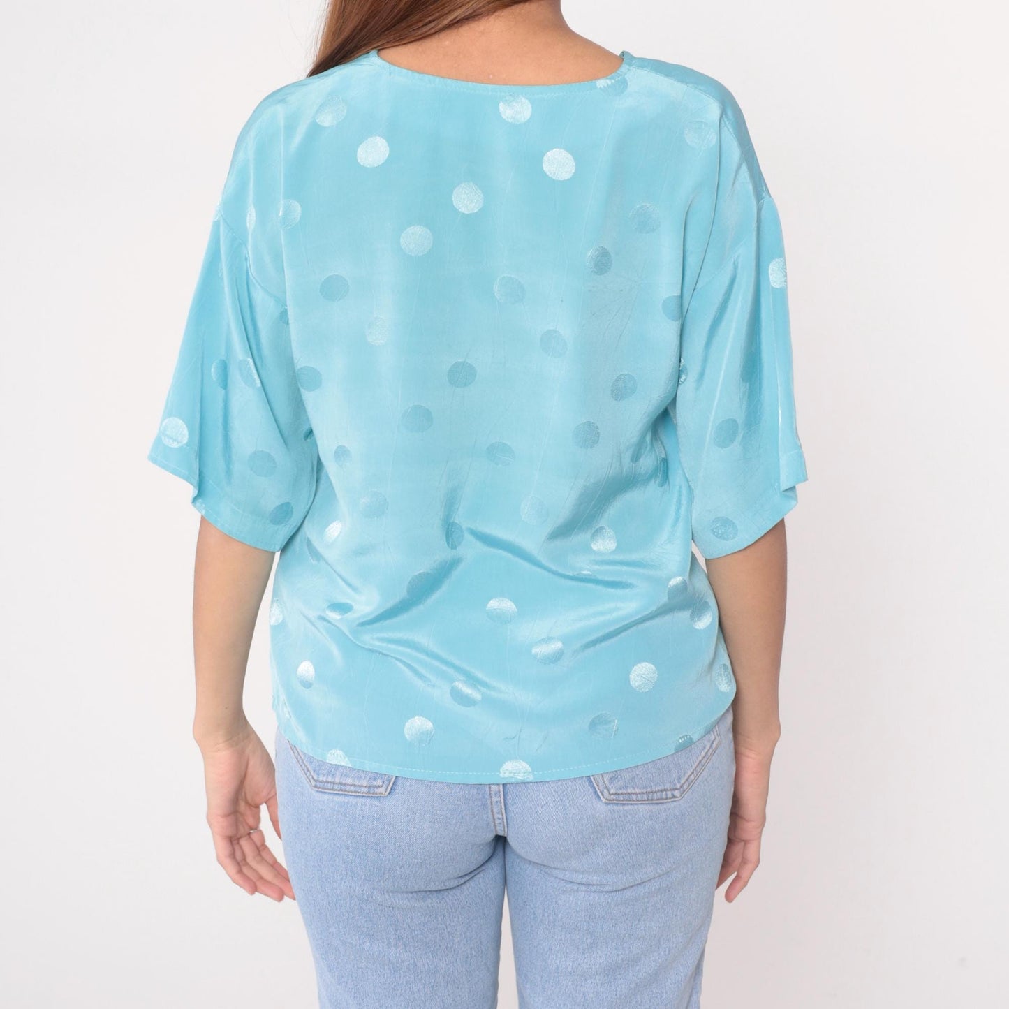 90s Powder Blue Polka Dot V-Neck Blouse Short Sleeve Medium M