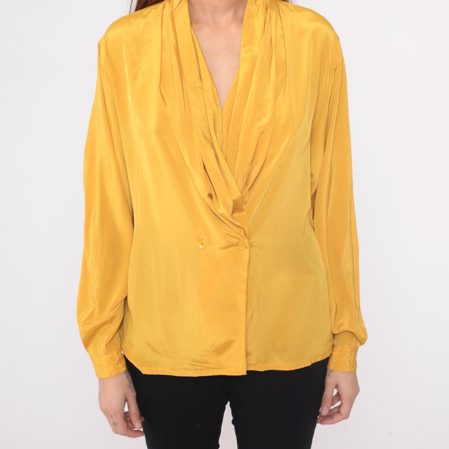 90s Impressions Golden Yellow Wrap Blouse Surplice Neckline Long Sleeve Large L