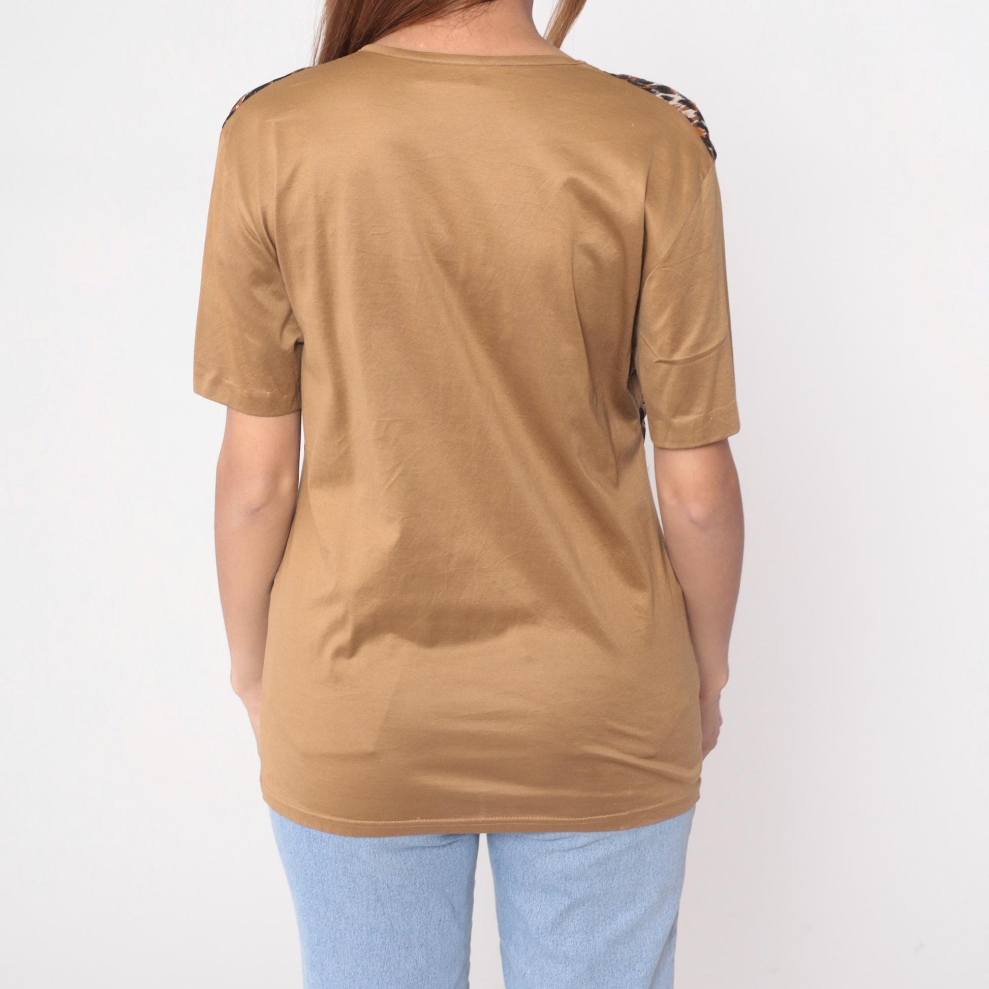 90s Morrissa Leopard Floral Embroidered Color Block Top Tan Large L