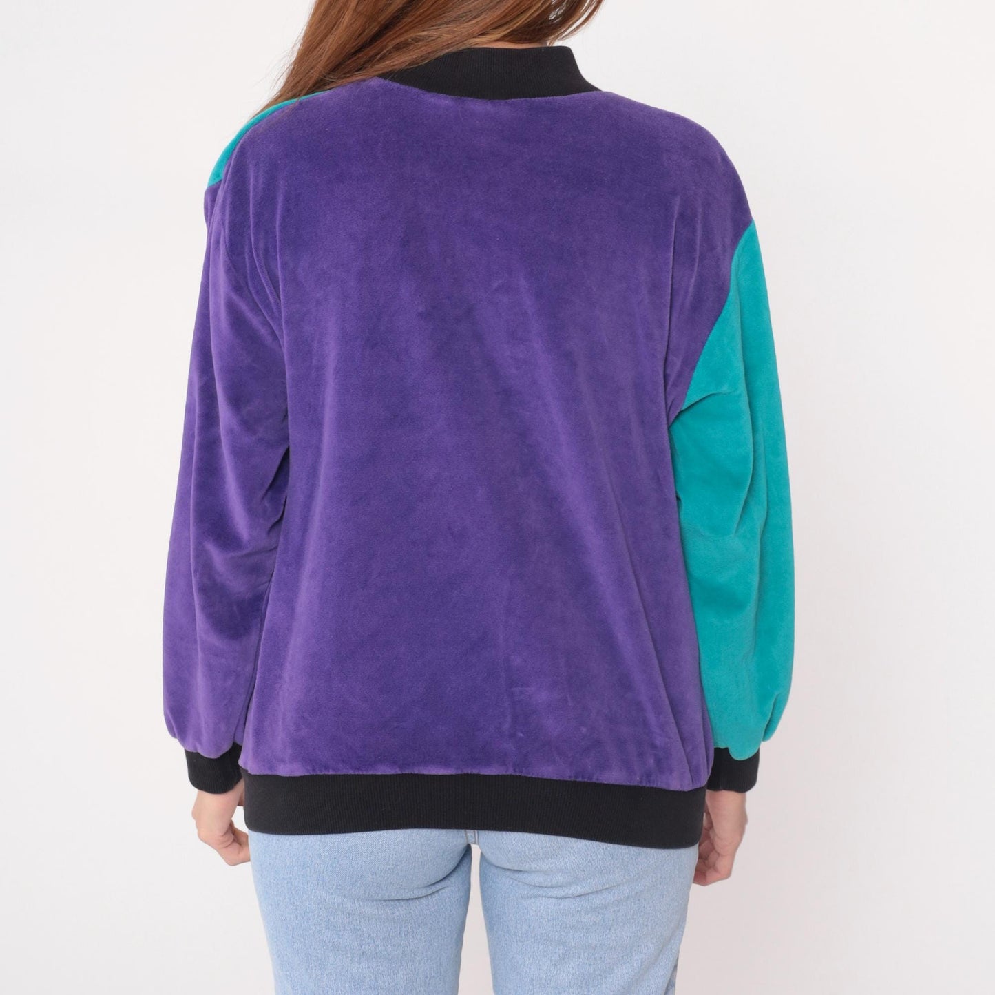 80s Terrycloth Colorblock Bomber Jacket Purple Teal Gold Buttons Medium