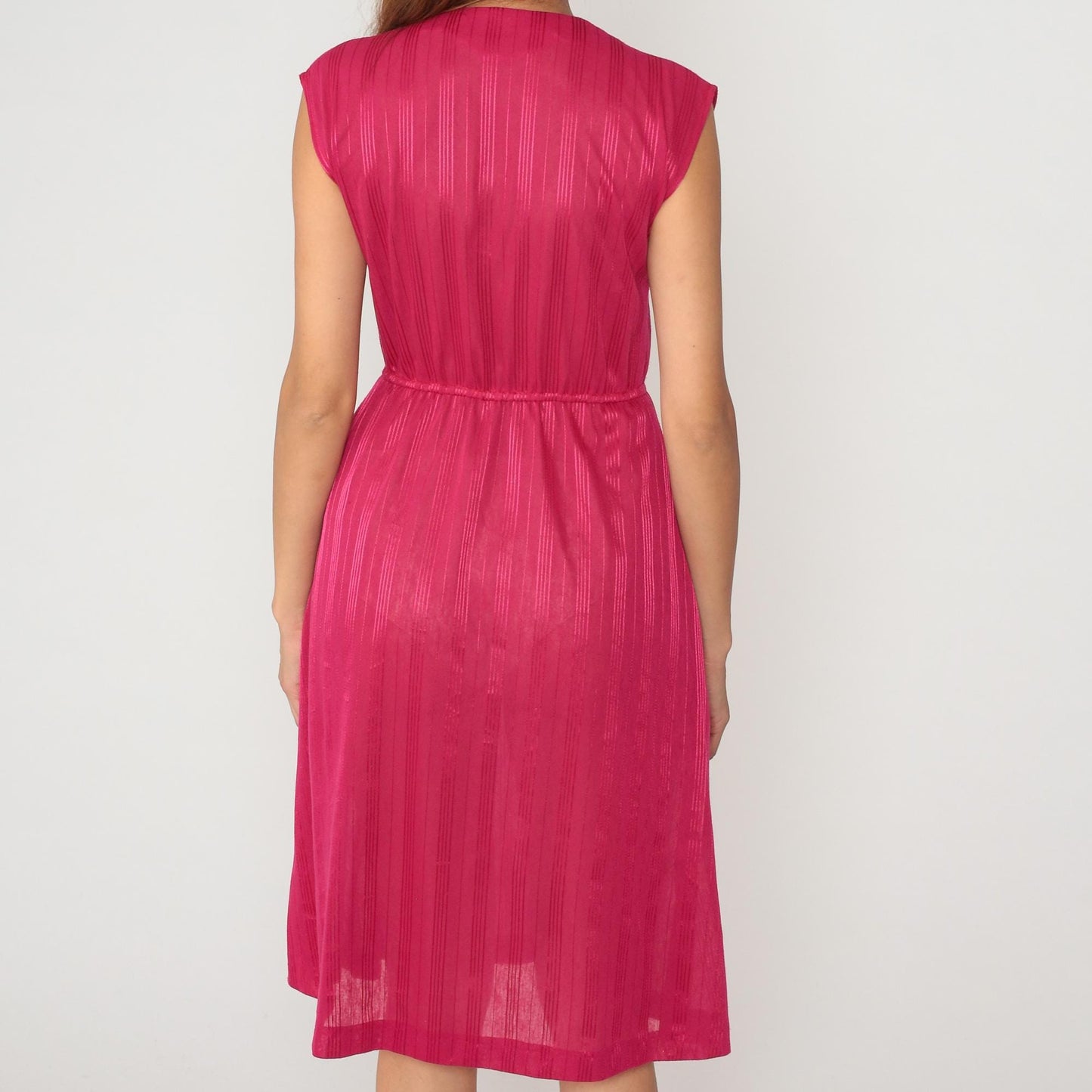 80s Hot Pink Wrap Dress V-Neck Knee Length Striped Small Medium