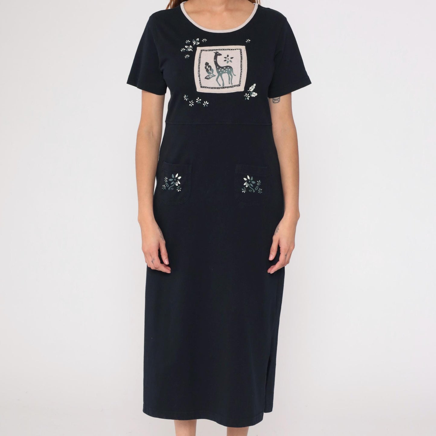 90s Black Cotton Giraffe Appliqué Midi Dress Embroidered Floral Medium M