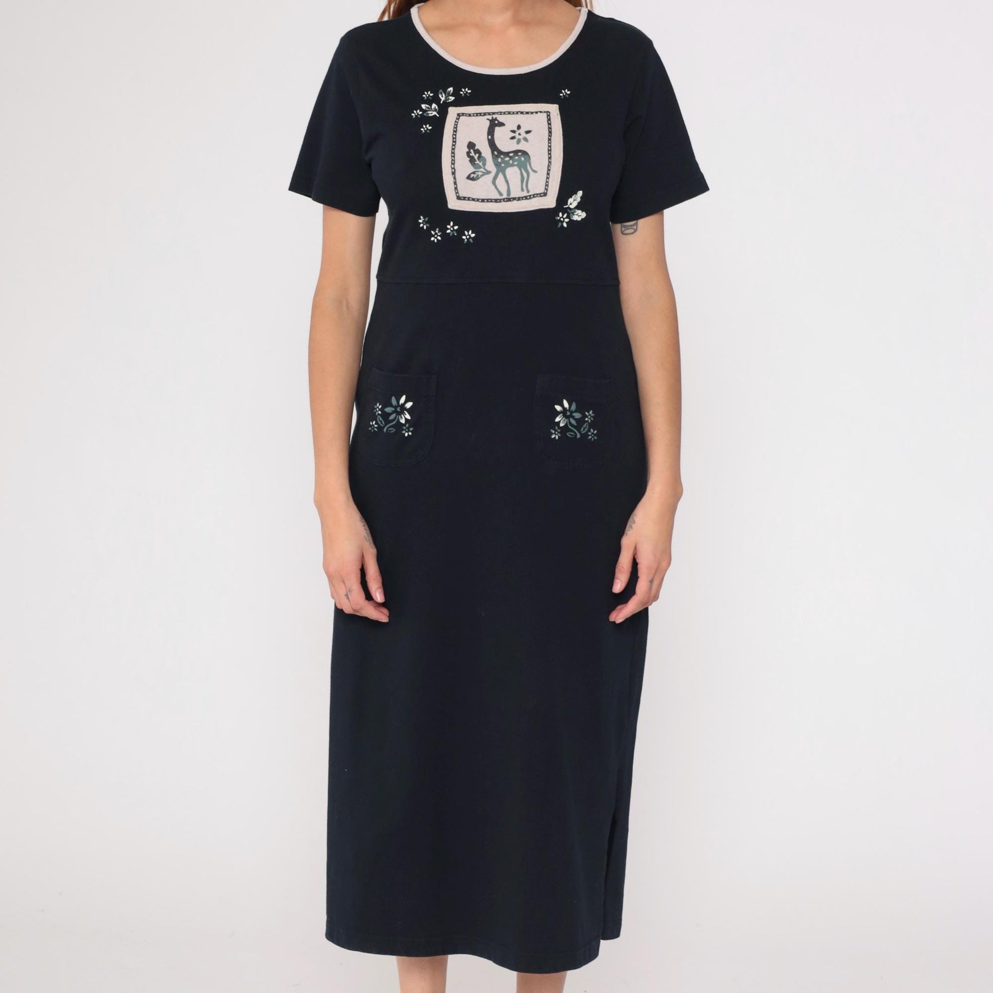 90s Black Cotton Giraffe Appliqué Midi Dress Embroidered Floral Medium M