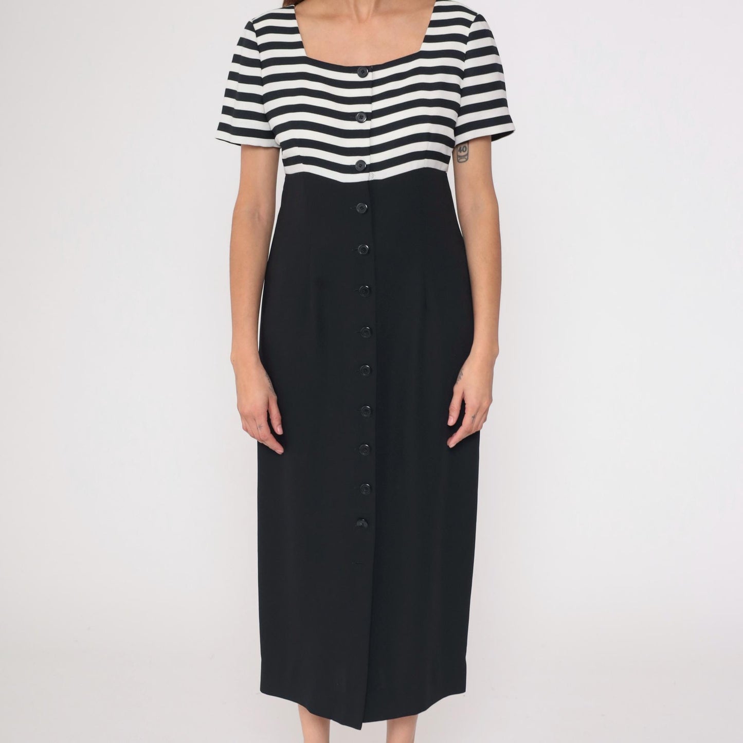 90s Liz Claiborne Striped Midi Dress Black White Button Front Medium