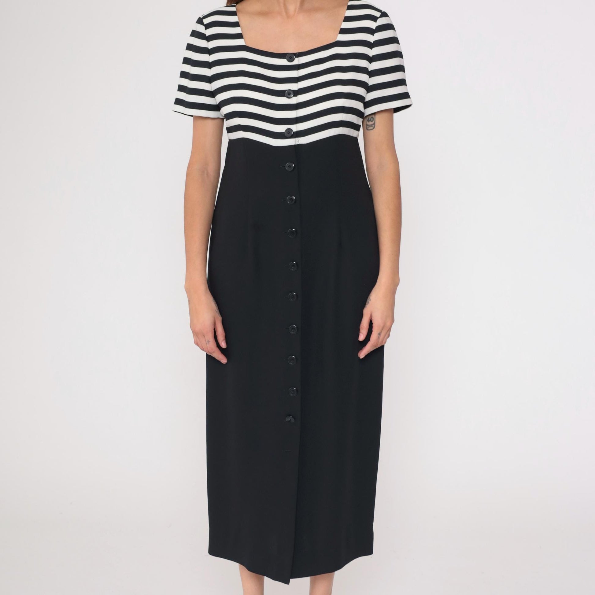 90s Liz Claiborne Striped Midi Dress Black White Button Front Medium