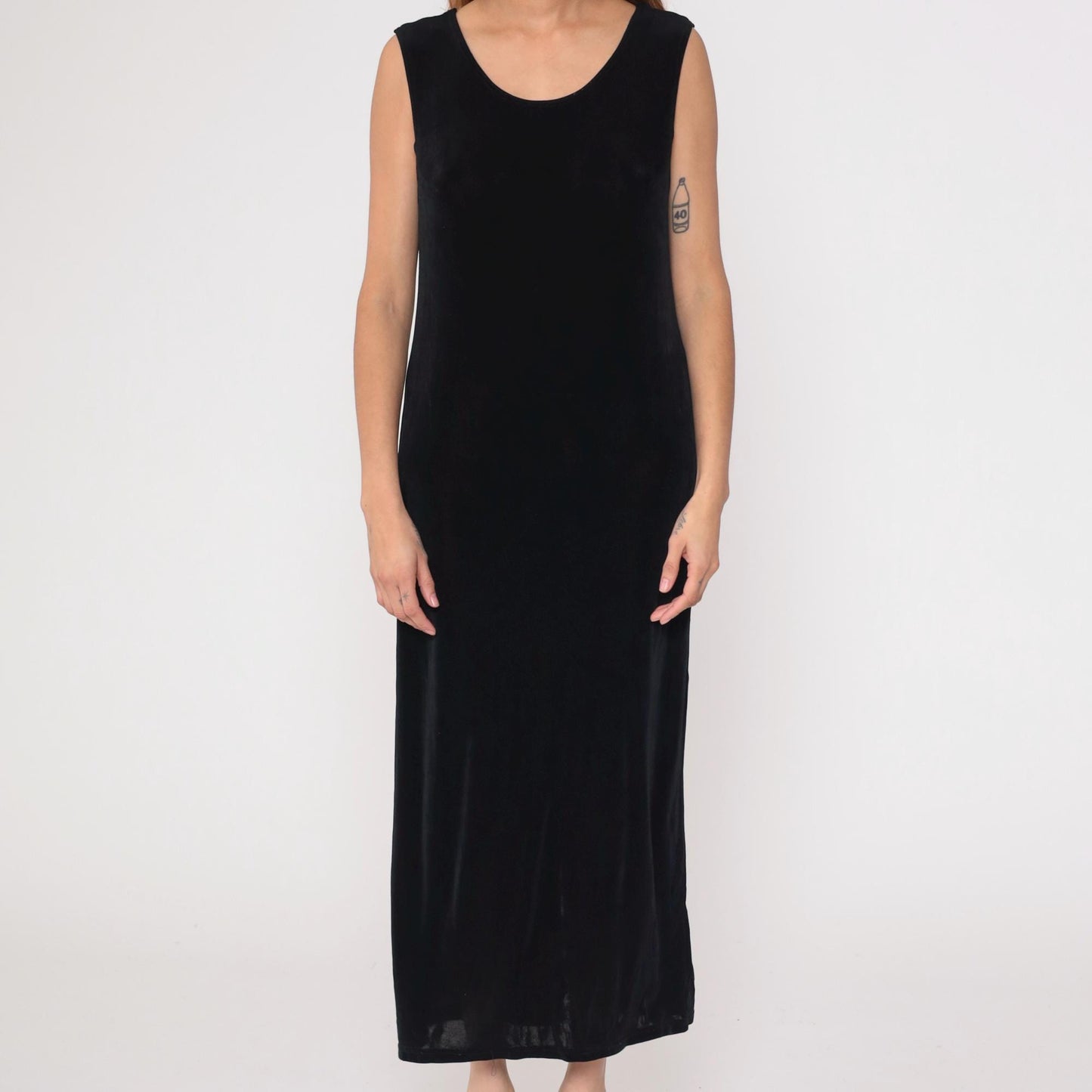 90s Black Sleeveless Column Maxi Dress Scoop Neck Side Slit Medium