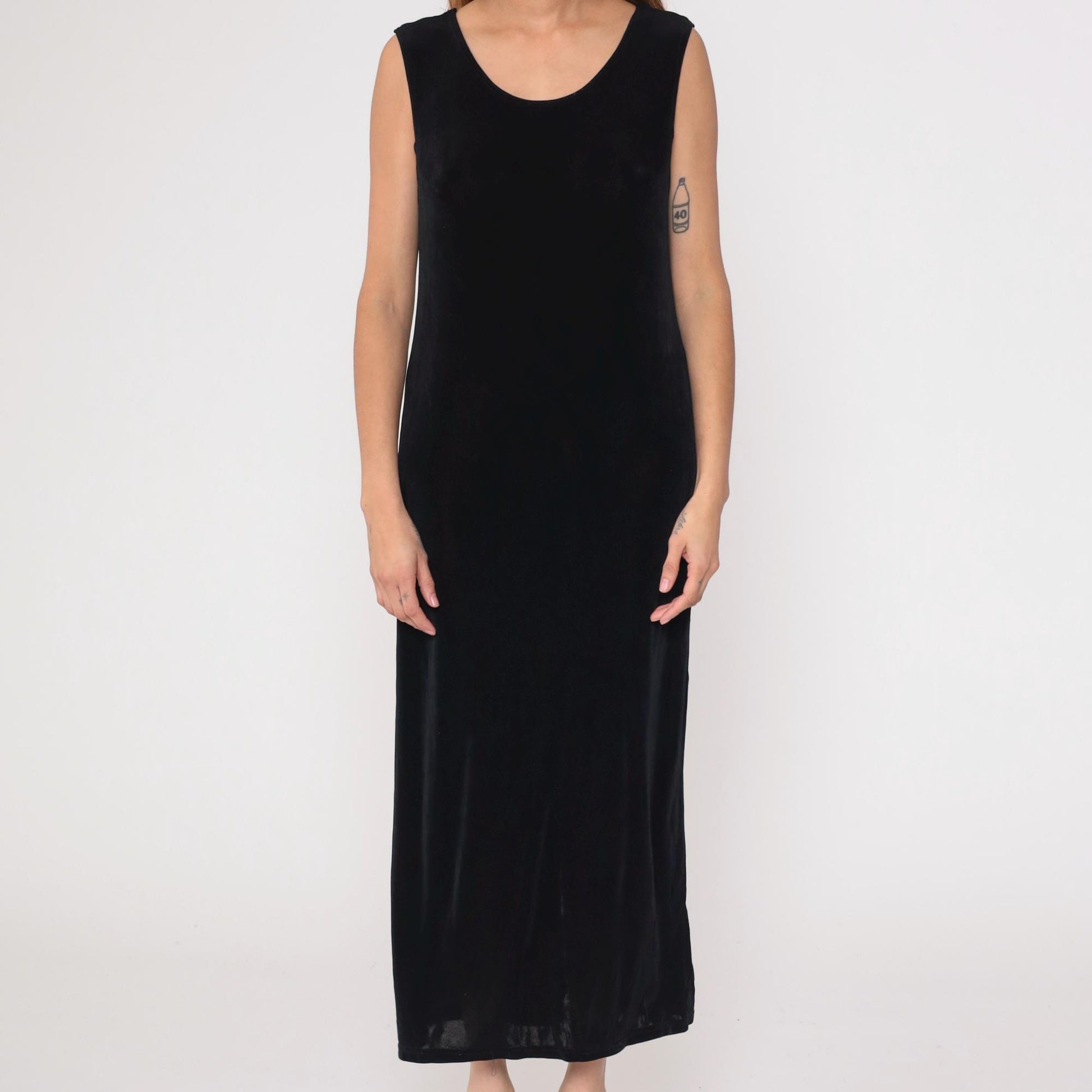 90s Black Sleeveless Column Maxi Dress Scoop Neck Side Slit Medium