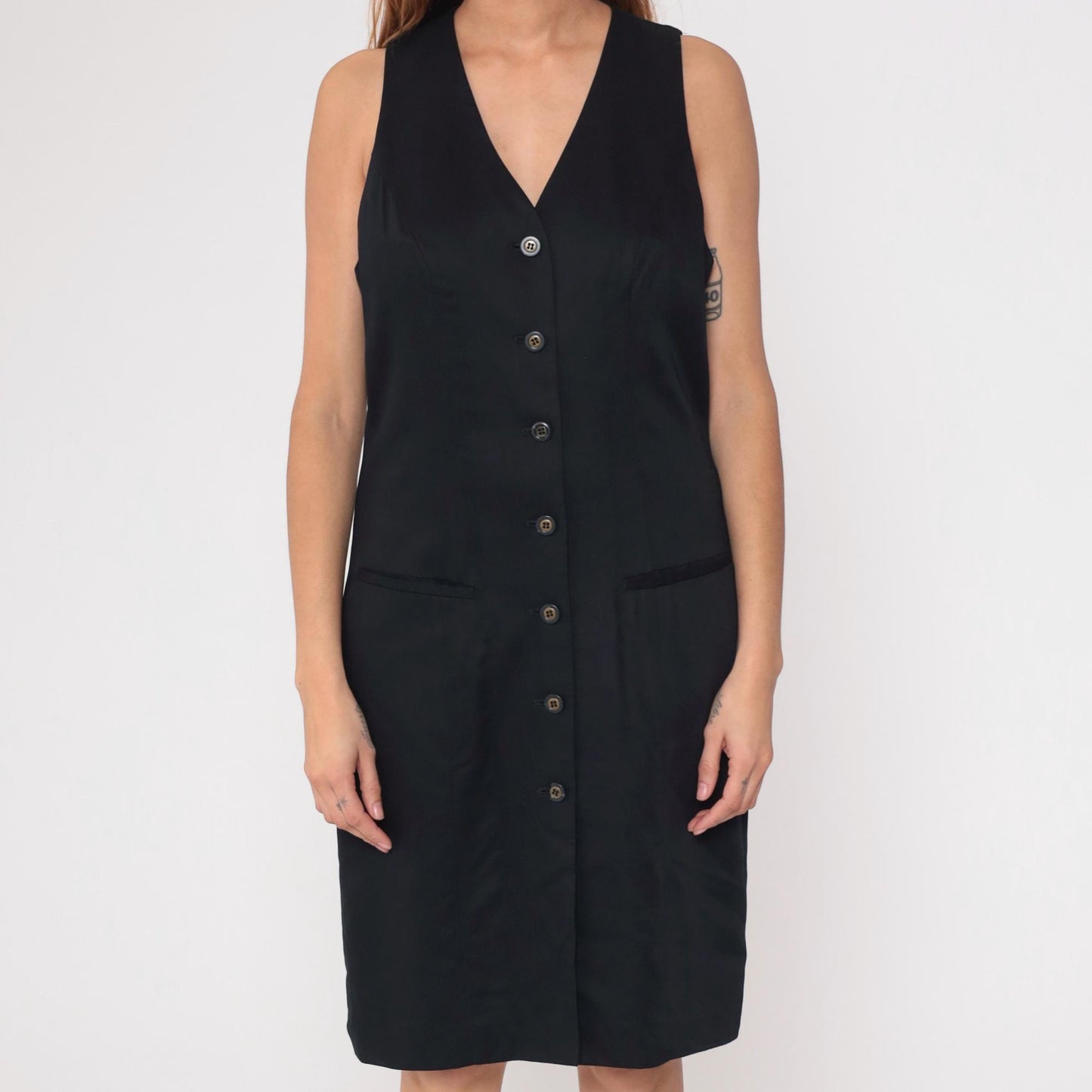 90s Valerie Stevens Black Button-Front V-Neck Knee-Length Shift Dress Medium