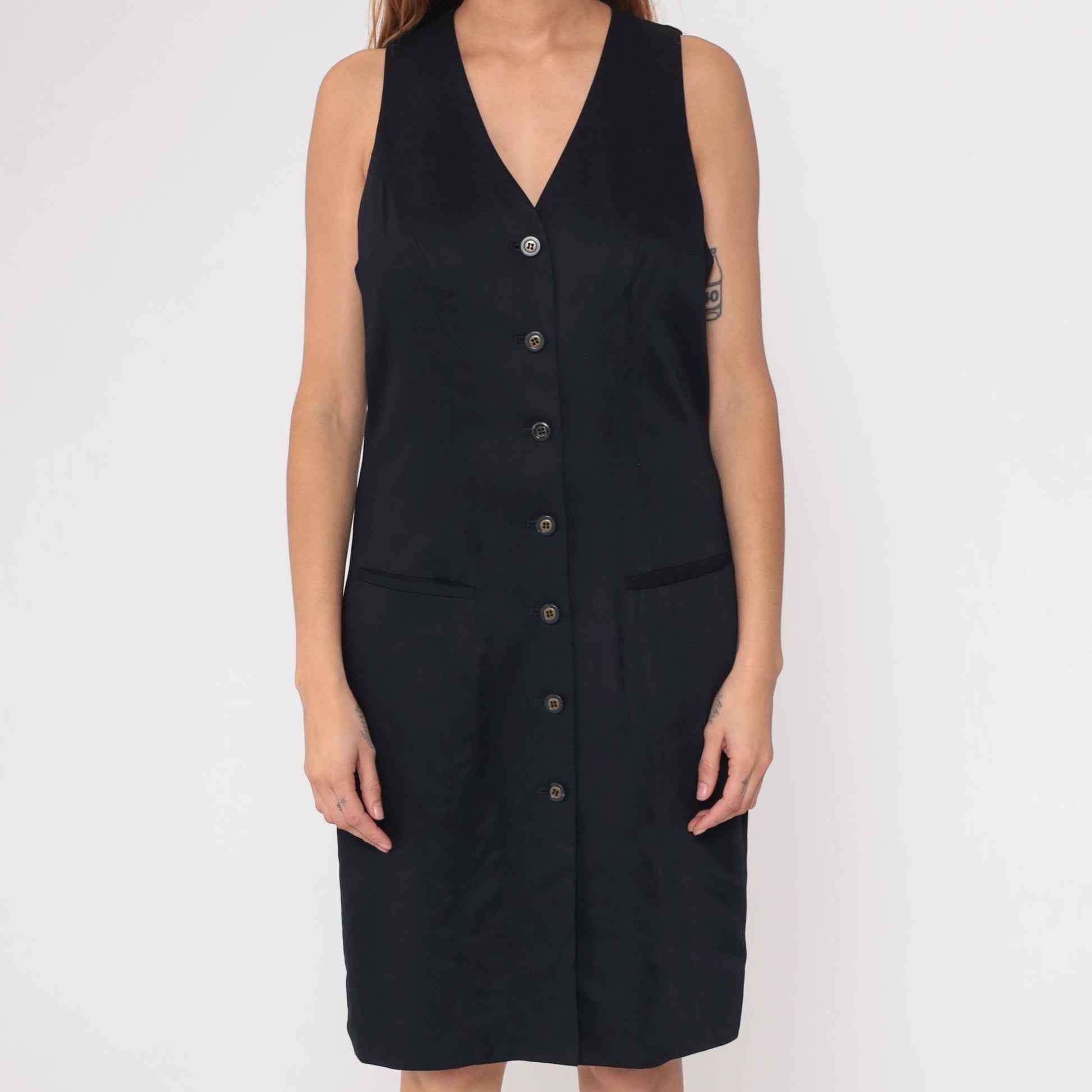 90s Valerie Stevens Black Button-Front V-Neck Knee-Length Shift Dress Medium