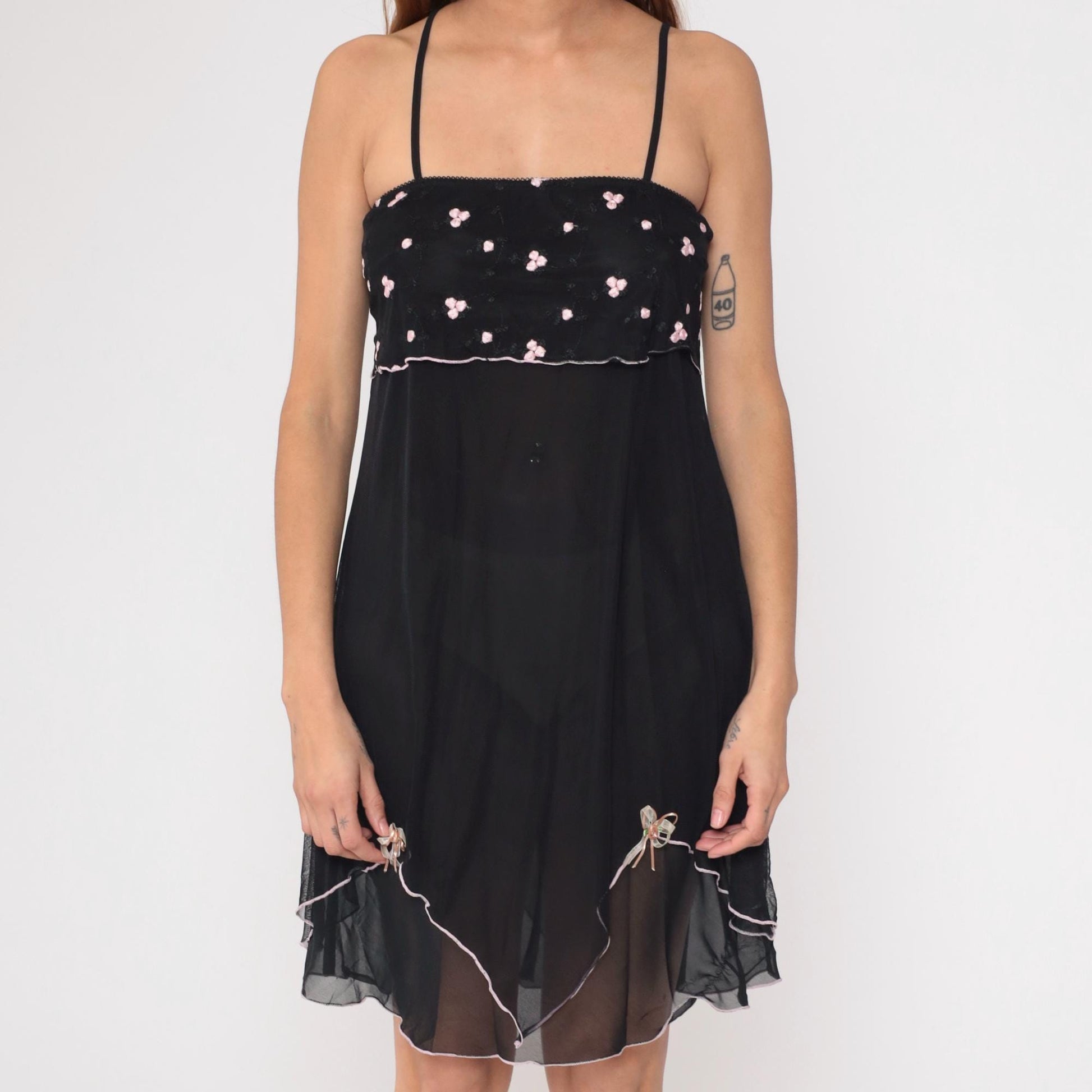 Y2K Black Mini Dress Pink Floral Embroidered Empire Waist Plus Size XXL