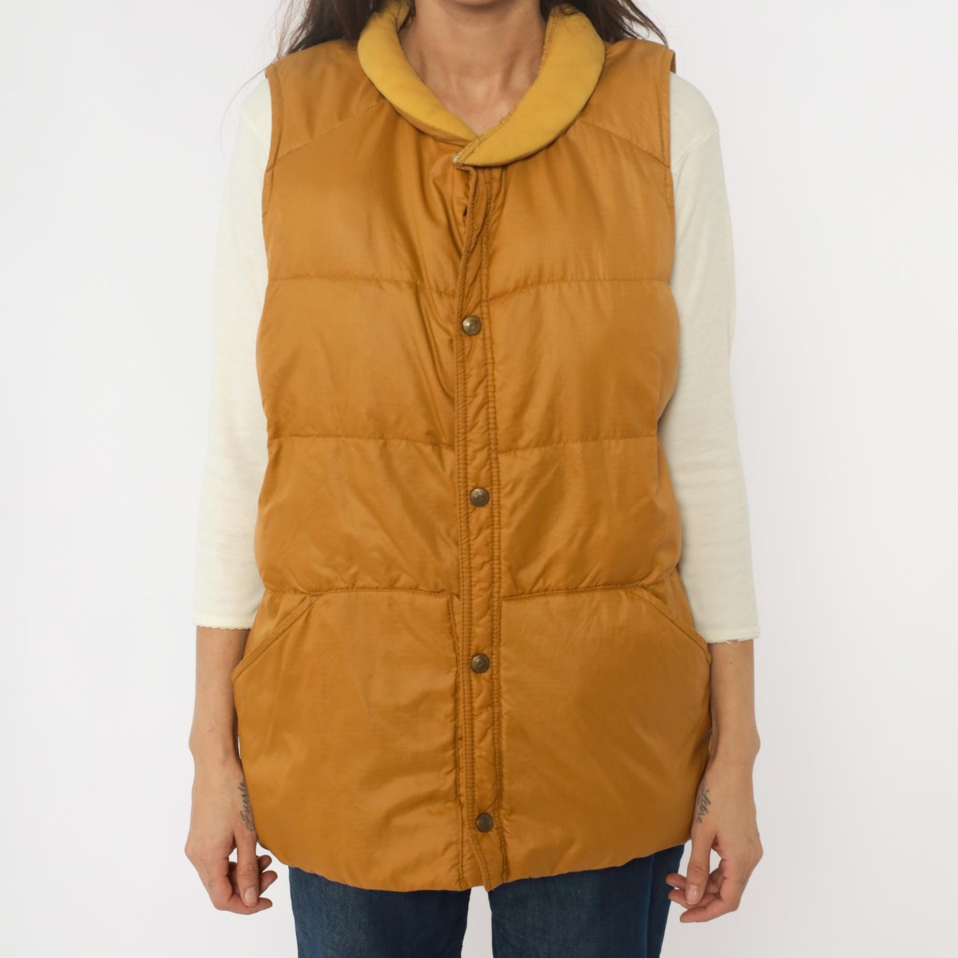 80s Eddie Bauer Down Vest Mustard Yellow Quilted Snap Front Large L