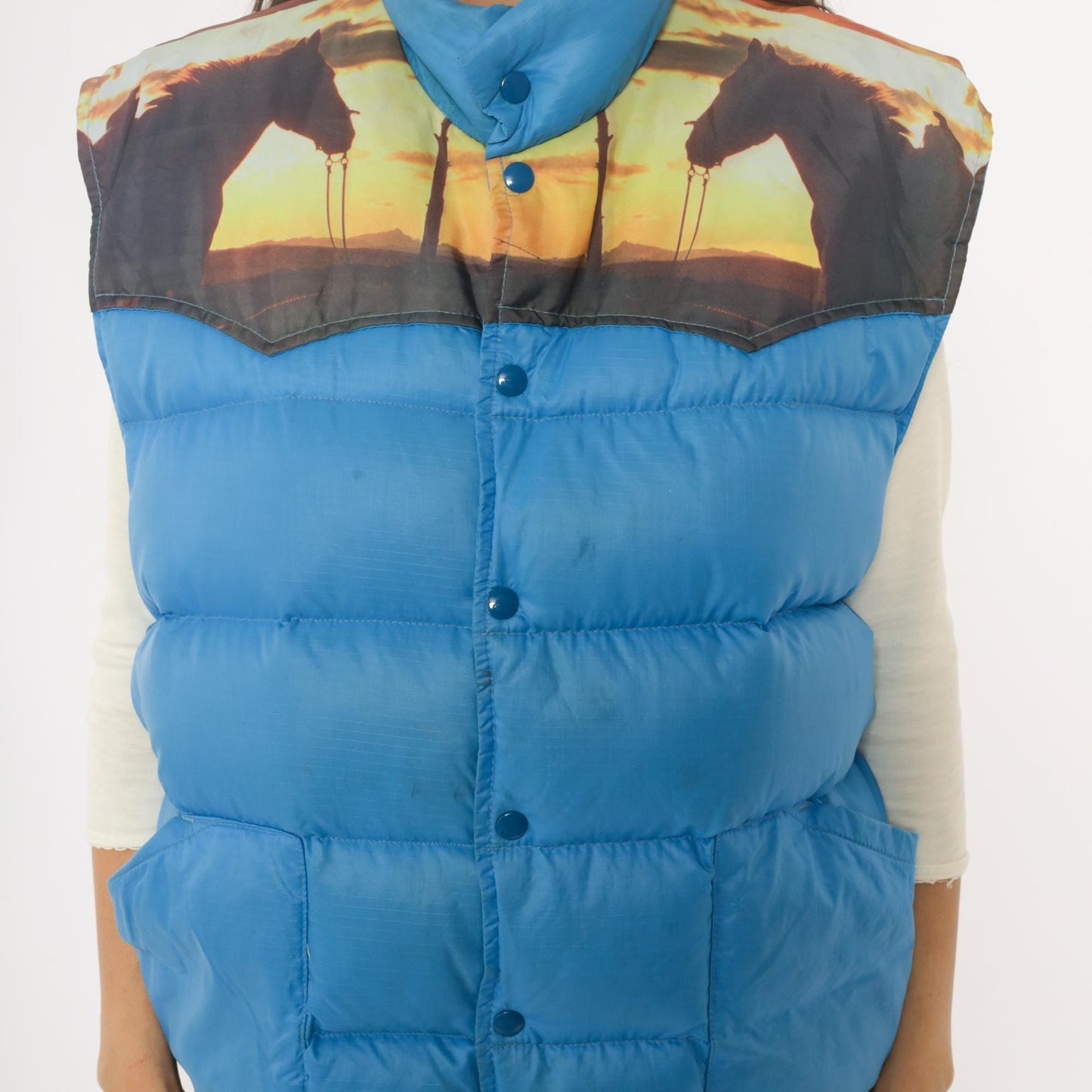70s Western Sunset Puffer Vest Blue Down Quilted Snap Front Extra Large XL