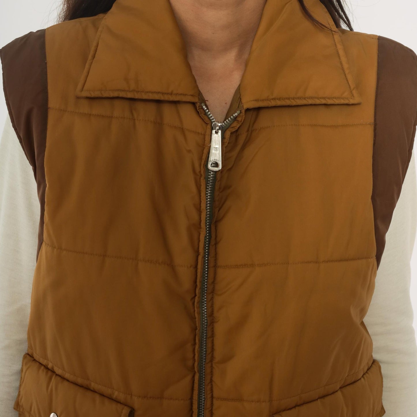 80s Mustard Brown Quilted Puffer Vest Nylon Zip Front Medium