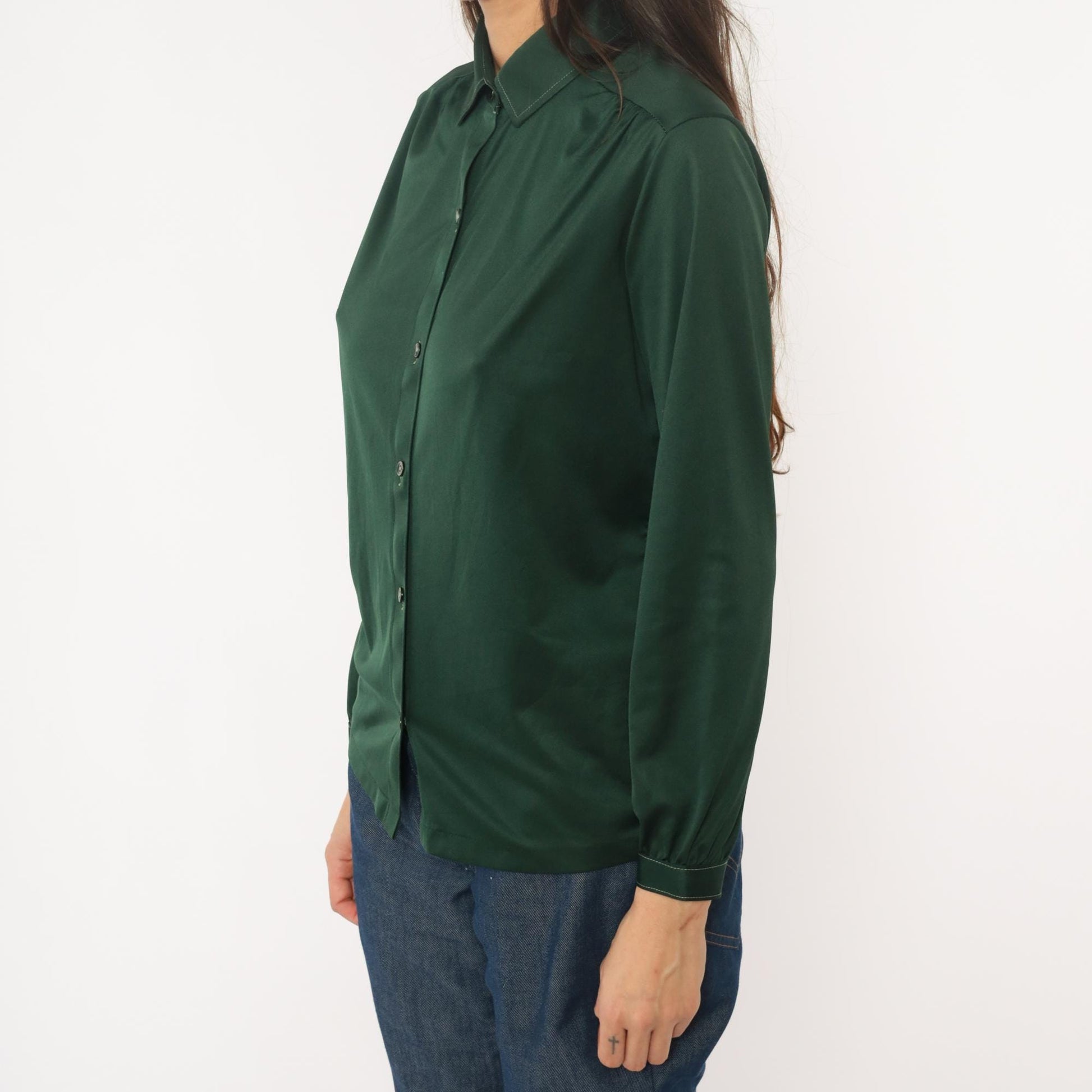 70s Forest Green Button-Front Blouse Long Sleeve Pointed Collar Medium M