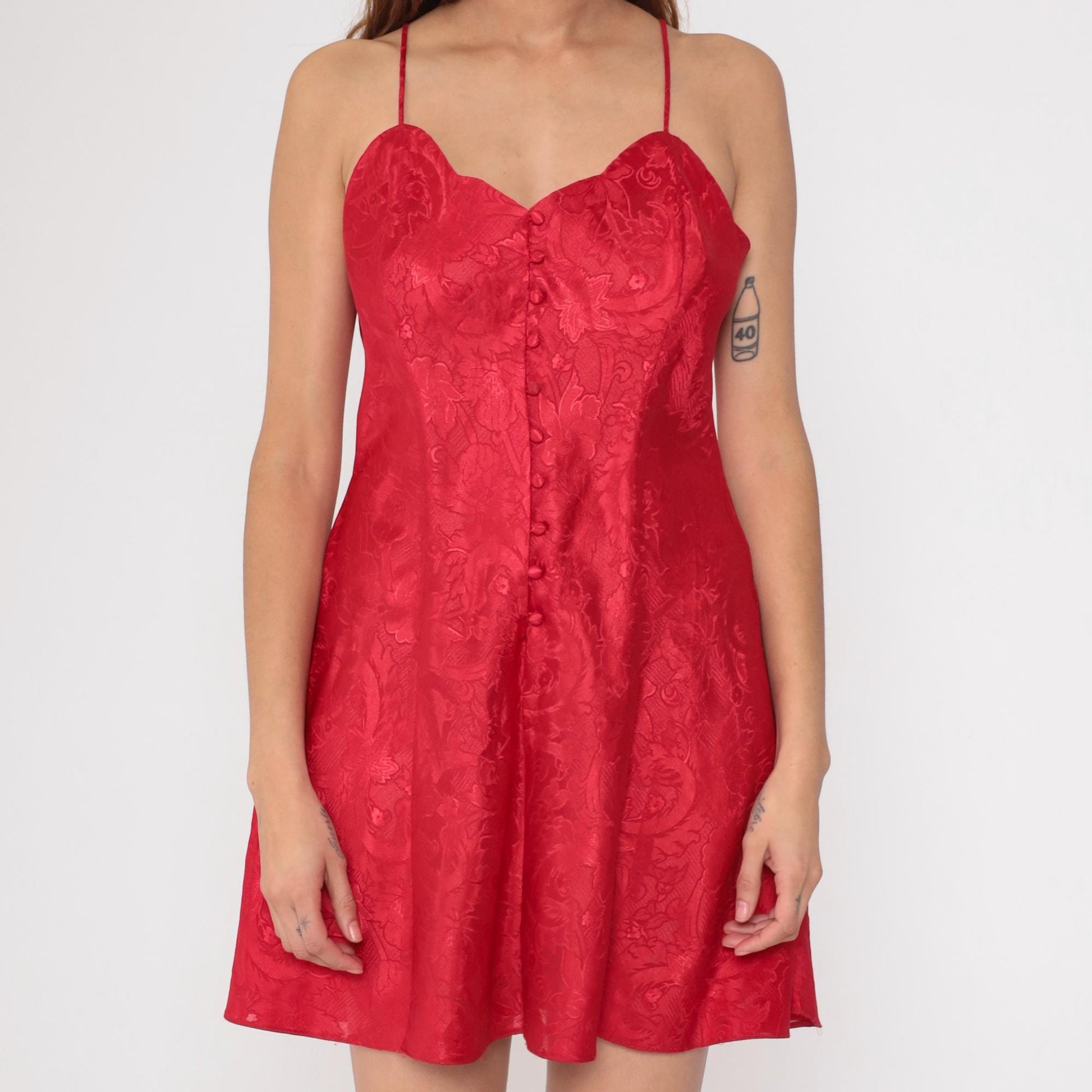 90s Victoria's Secret Red Floral Jacquard Mini Slip Dress Large