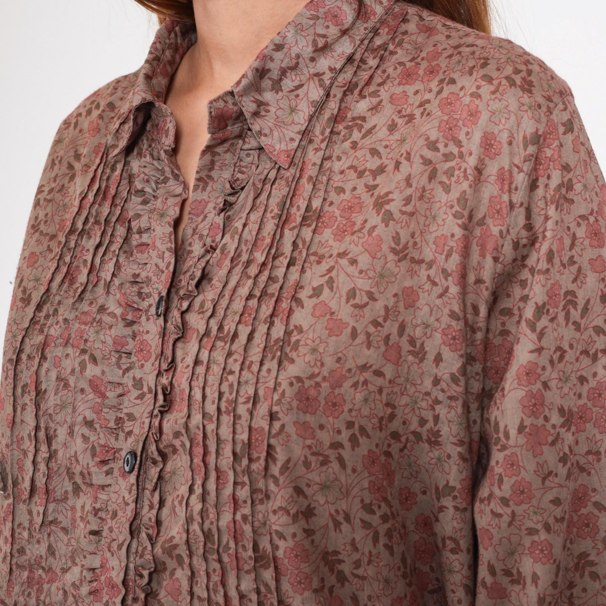 Y2K Sheryll Ellein Floral Button-Up Blouse Pintuck 3/4 Sleeve Beige Extra Large XXL
