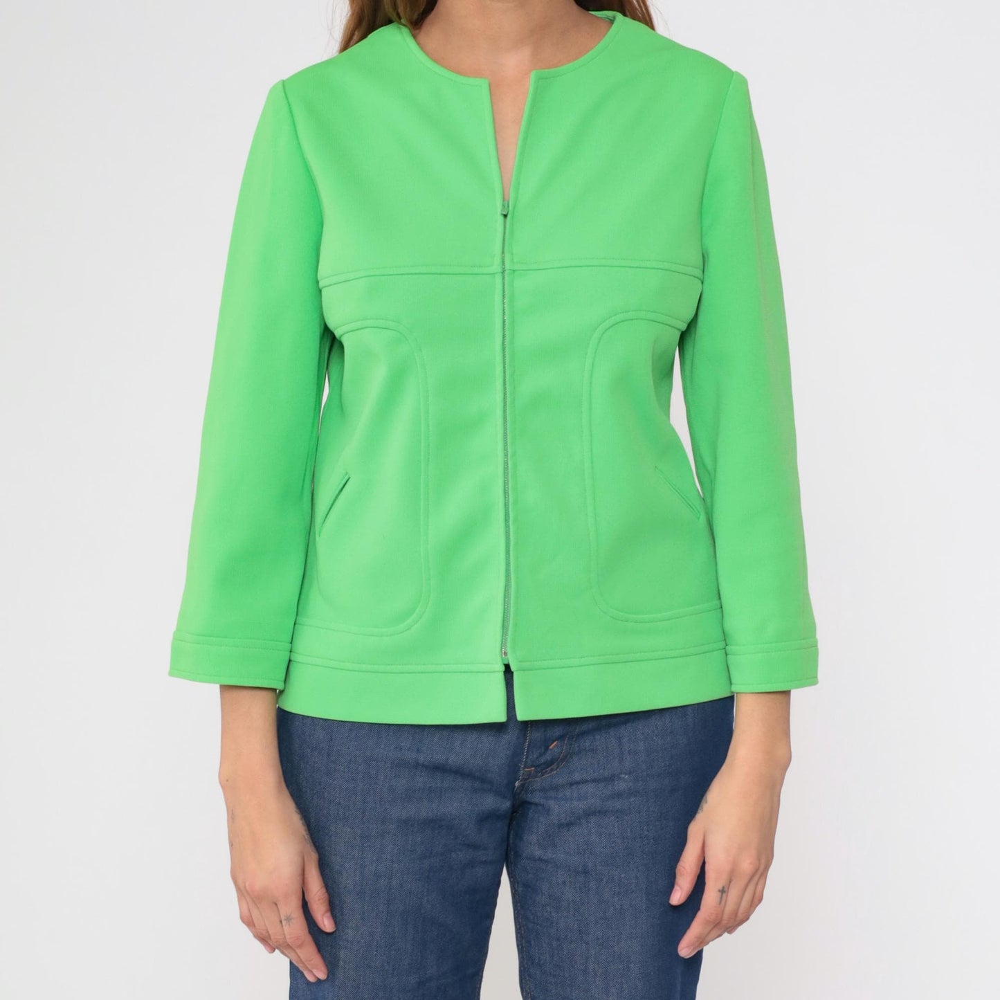 70s Lime Green Zip-Front Jacket Collarless Mod Blazer Medium M