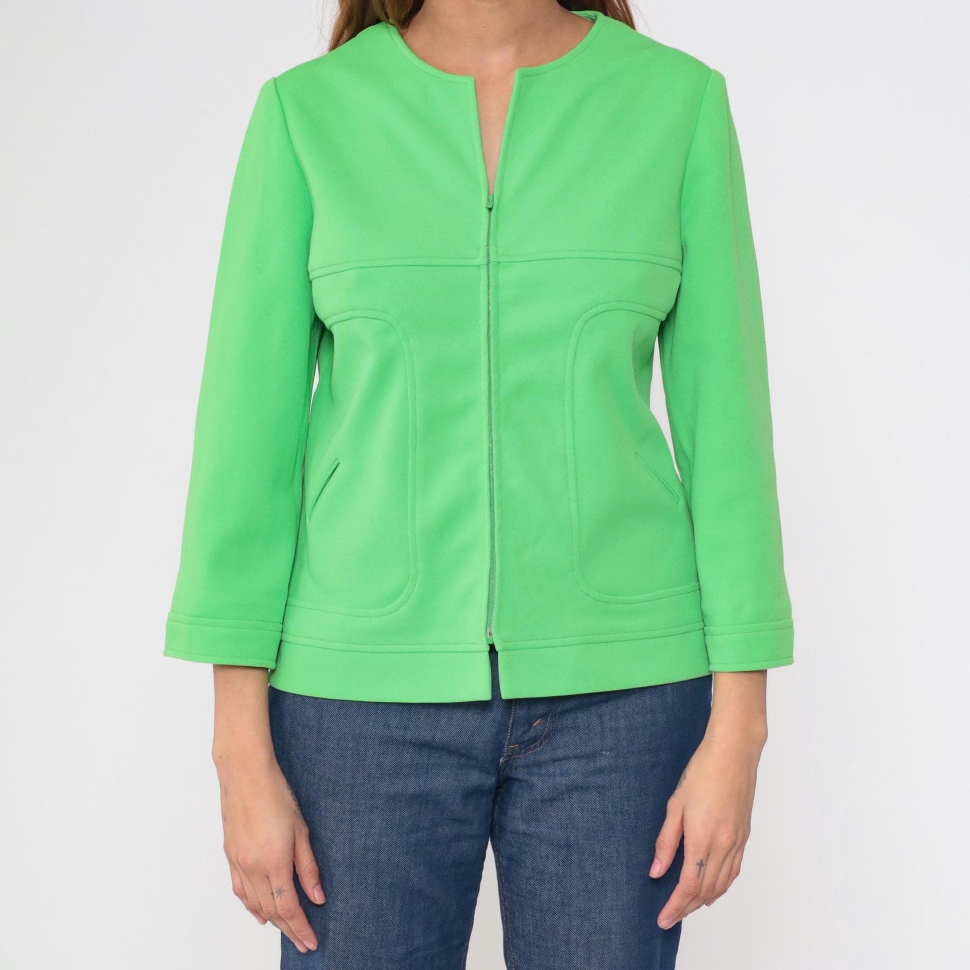 70s Lime Green Zip-Front Jacket Collarless Mod Blazer Medium M