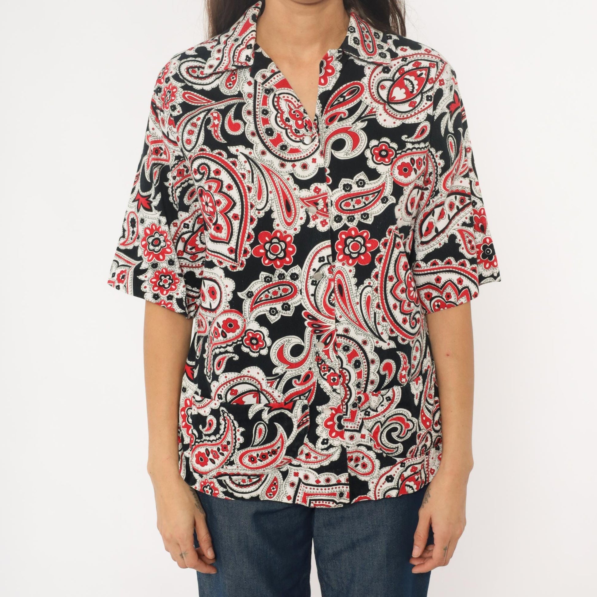 70s Jean Marie Paisley Button-Up Shirt Black Red White Medium