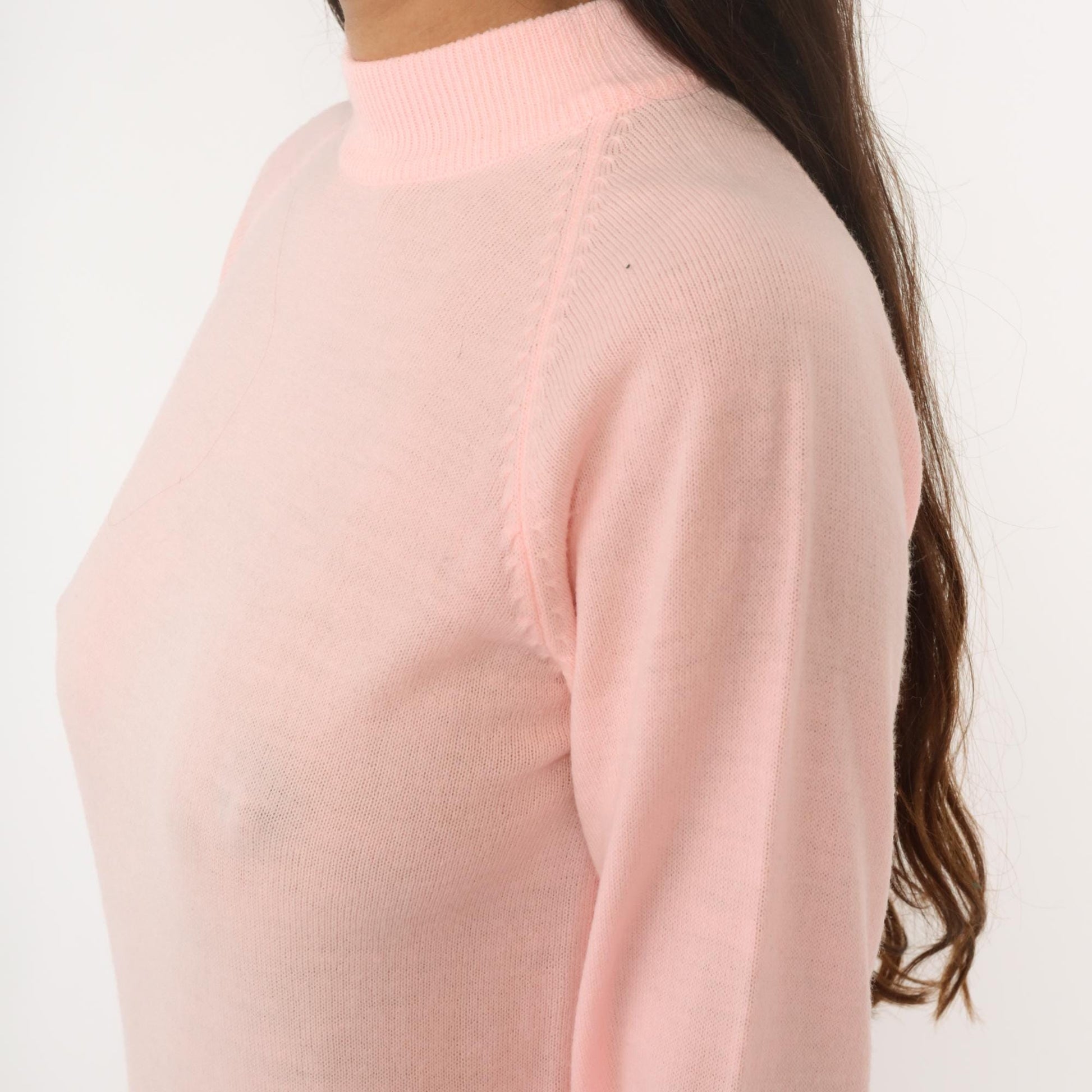 70s Pink Mock Neck Sweater Acrylic Knit Ribbed Cuffs Back Zip Small S