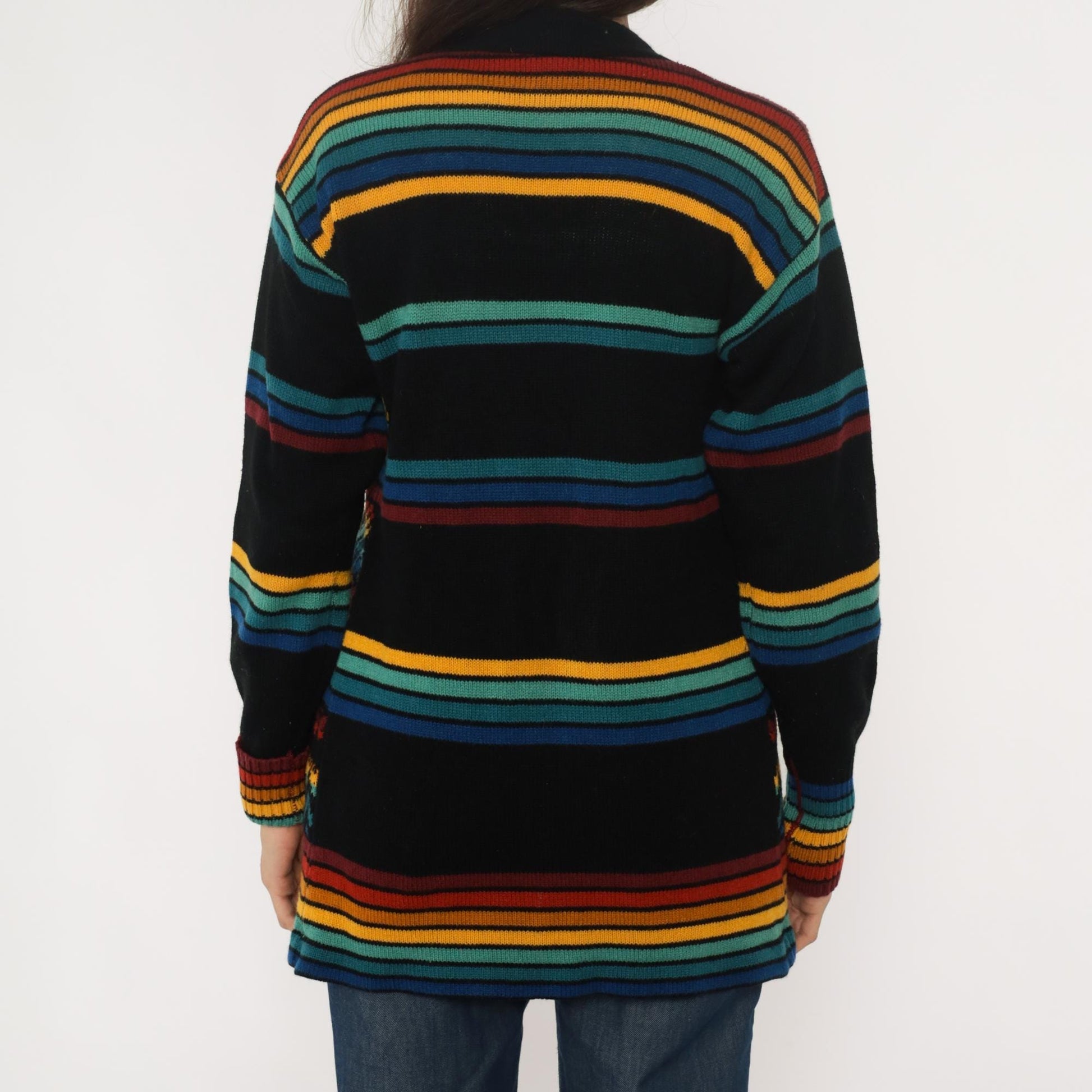 70s Black Cardigan Multicolor Striped Geometric Knit Sweater Medium M