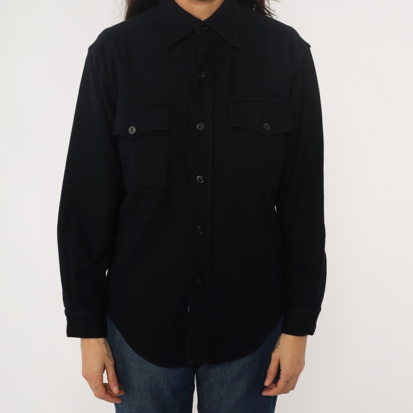 70s Dark Blue Wool CPO Shirt Button Front Pointed Collar Large