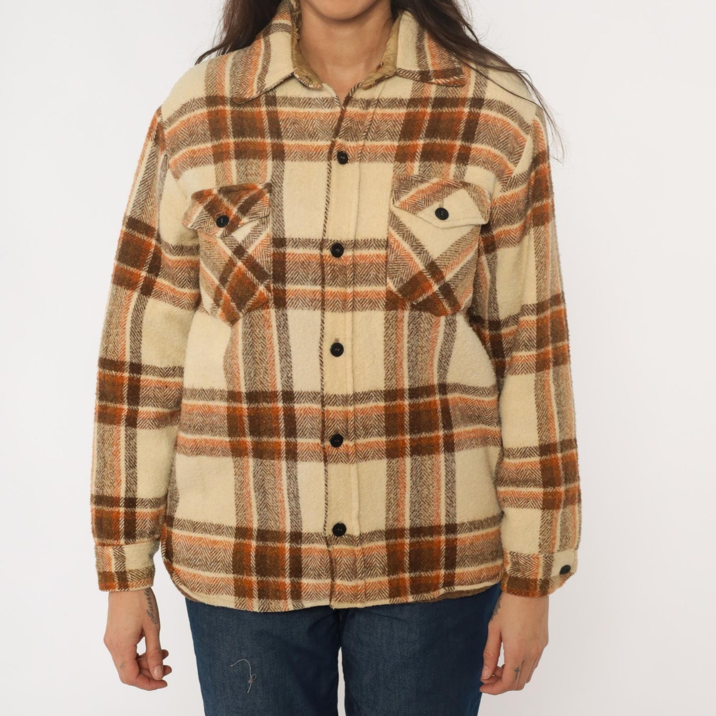 70s Briarcliff Plaid Flannel Shirt Cream Brown Cotton Blend Lined Medium