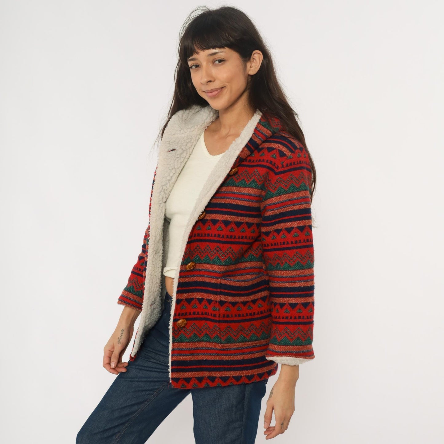 70s Southwestern Hooded Jacket Aztec Pattern Red Navy Orange Wool Blend Extra Small XS