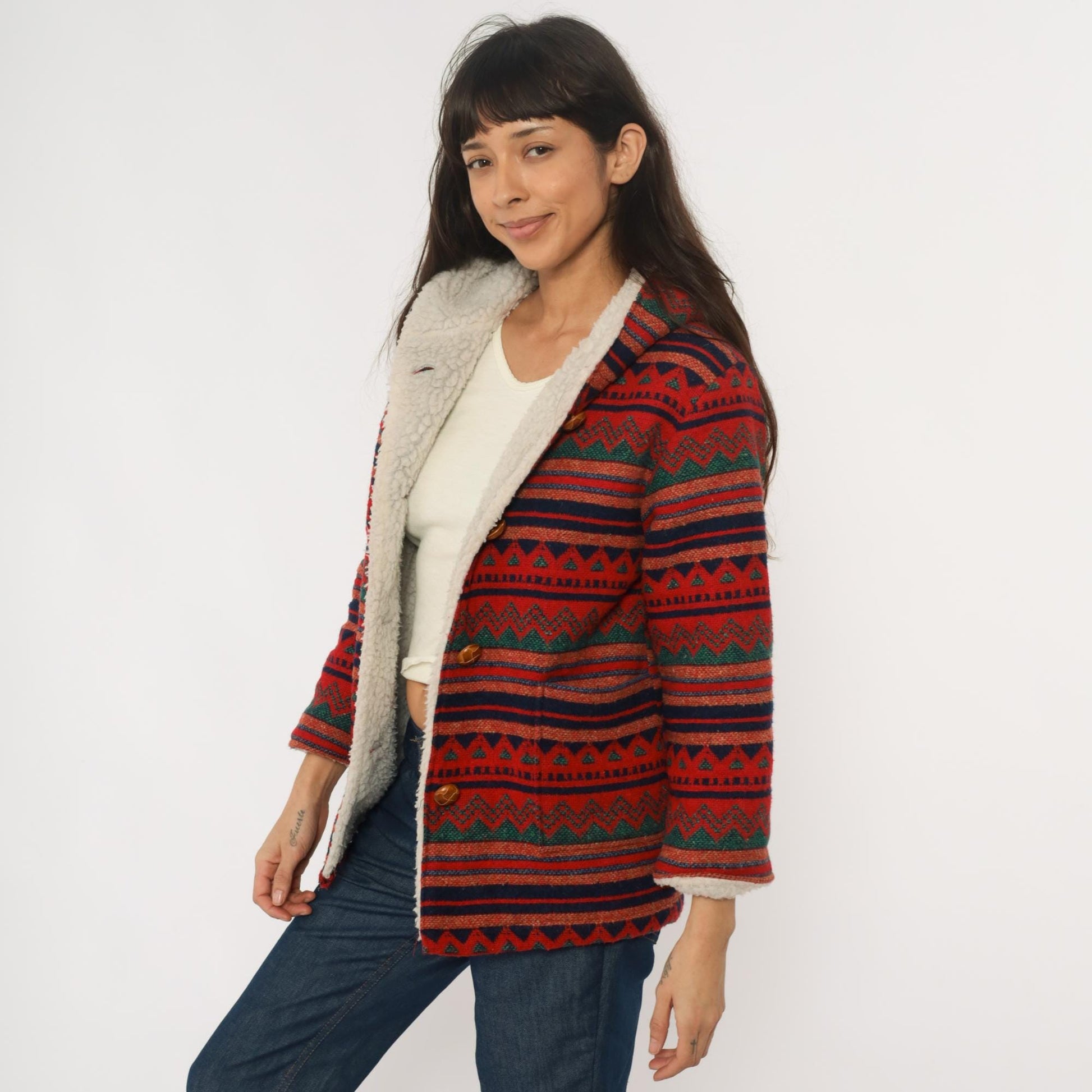 70s Southwestern Hooded Jacket Aztec Pattern Red Navy Orange Wool Blend Extra Small XS