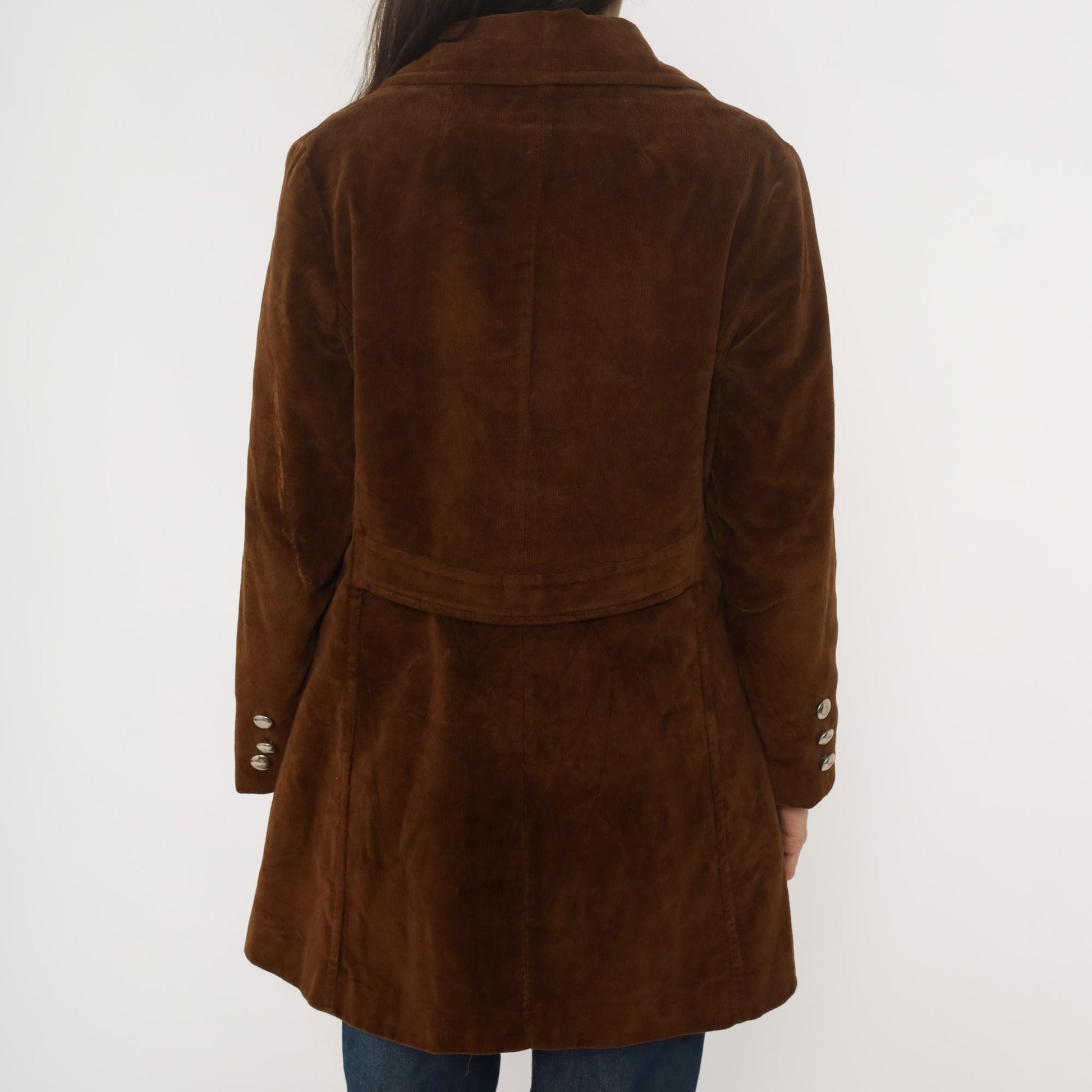 70s Chocolate Brown Corduroy Coat Double Breasted Knee Length Fleece Lined Medium