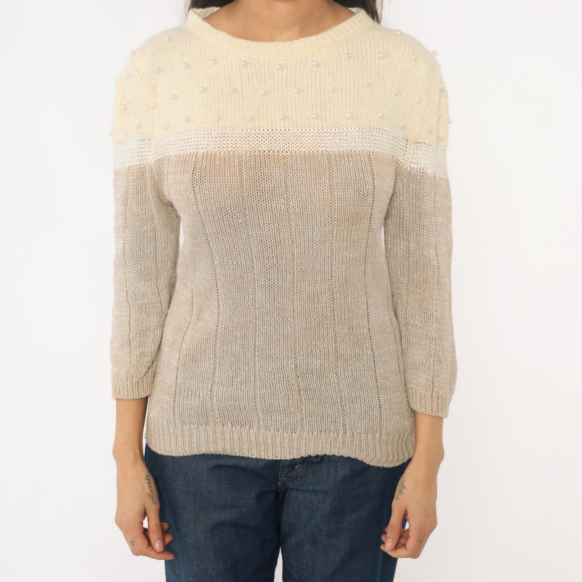 80s Lloyd Williams Beaded Colorblock Sweater Cream Beige Pearl Large