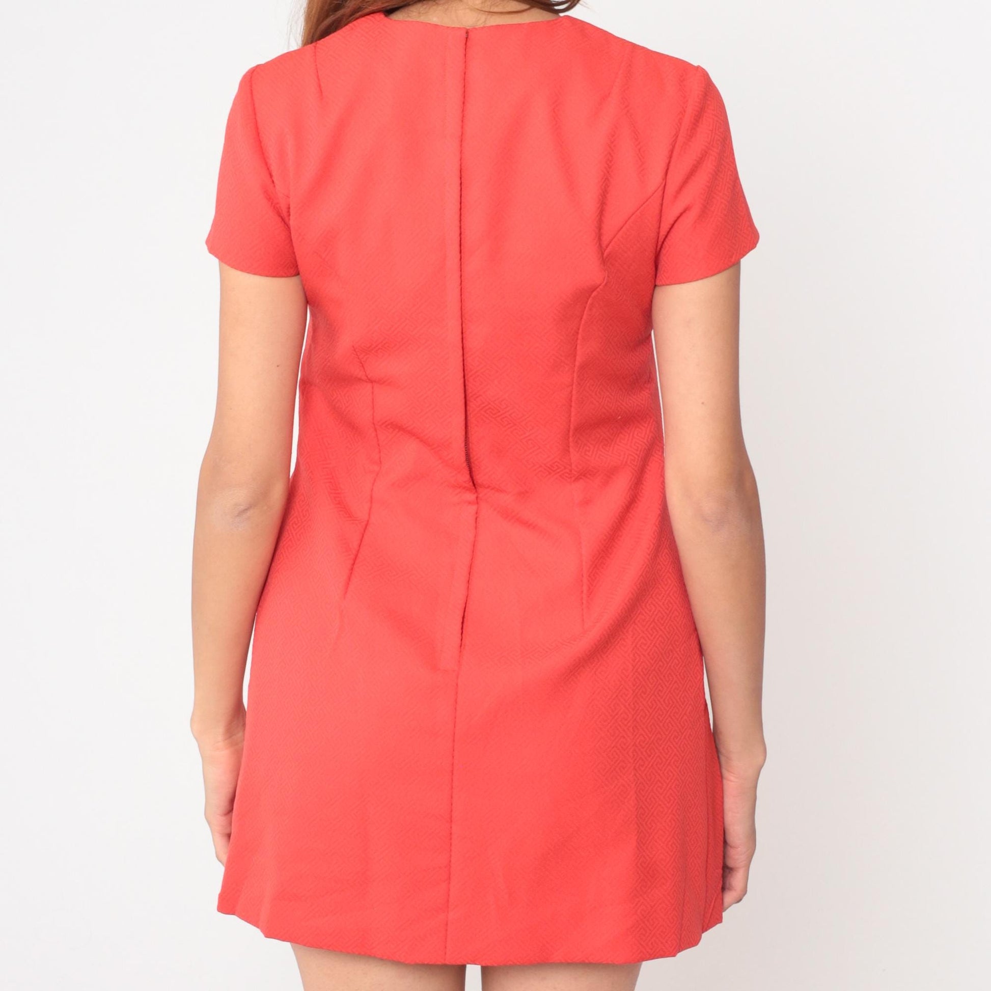 60s Coral Mod Mini Dress Shift A-Line Chevron Short Sleeve Small S