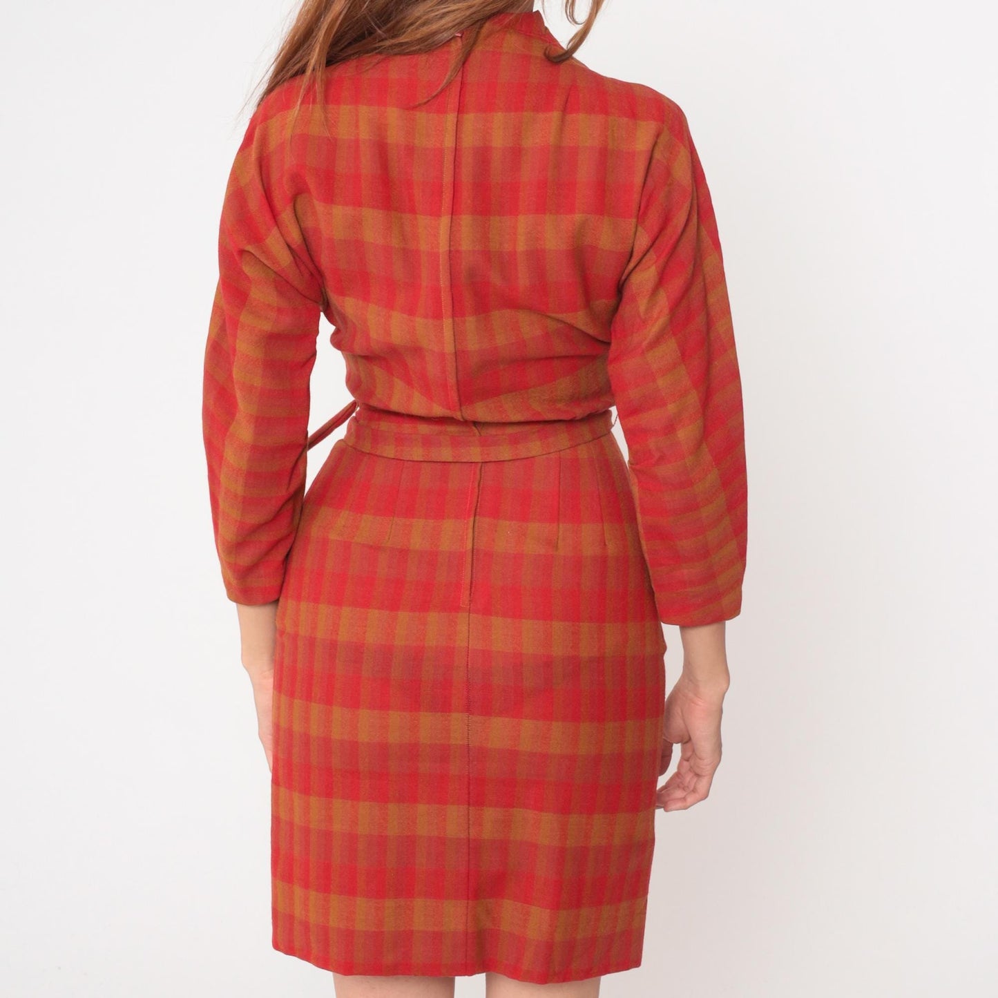 60s Mr Mort Plaid Wool Dress Red Orange Buffalo Check Mock Neck Tie Waist Extra Small