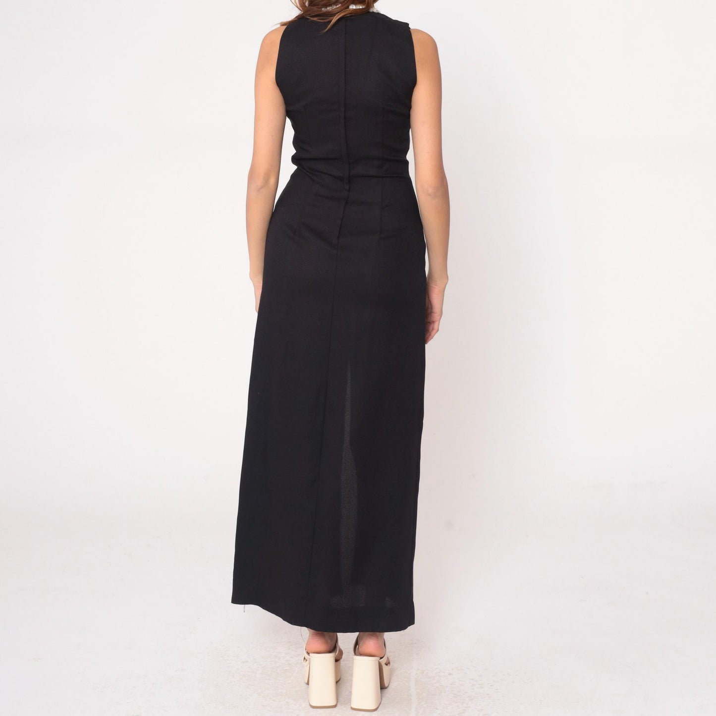 70s Black Maxi Dress White Sequin Beaded V-Neck Sleeveless Column Medium M