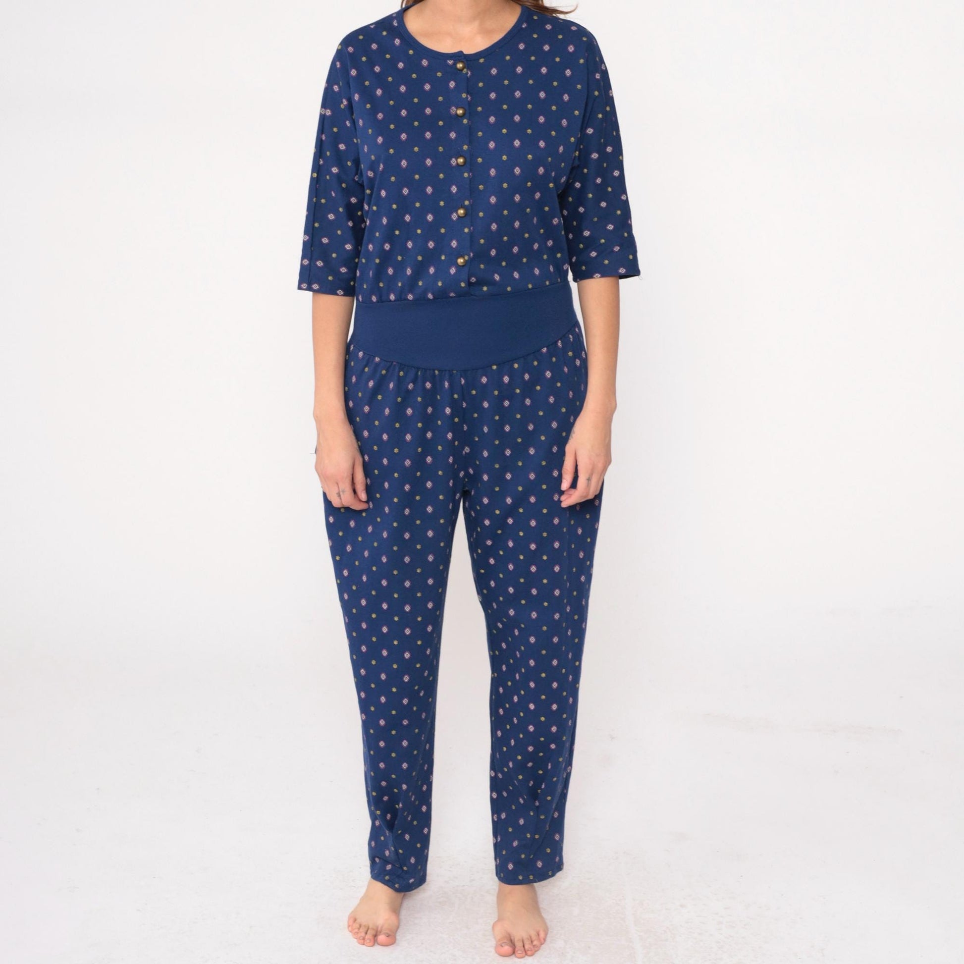 80s Rebe Geometric Jumpsuit Navy Diamond Print Button Front Medium M